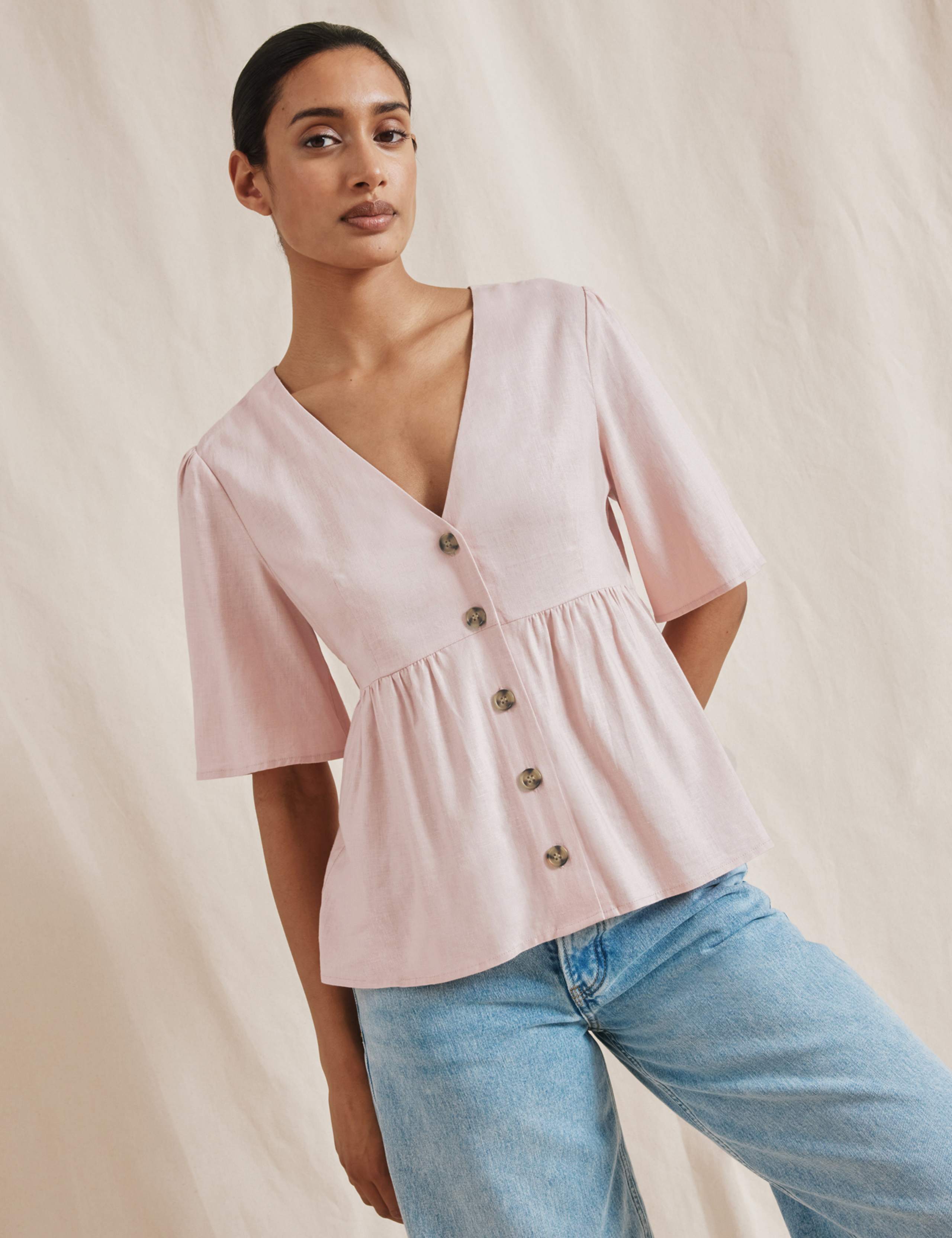 Linen Blend V-Neck Button Through Peplum Top