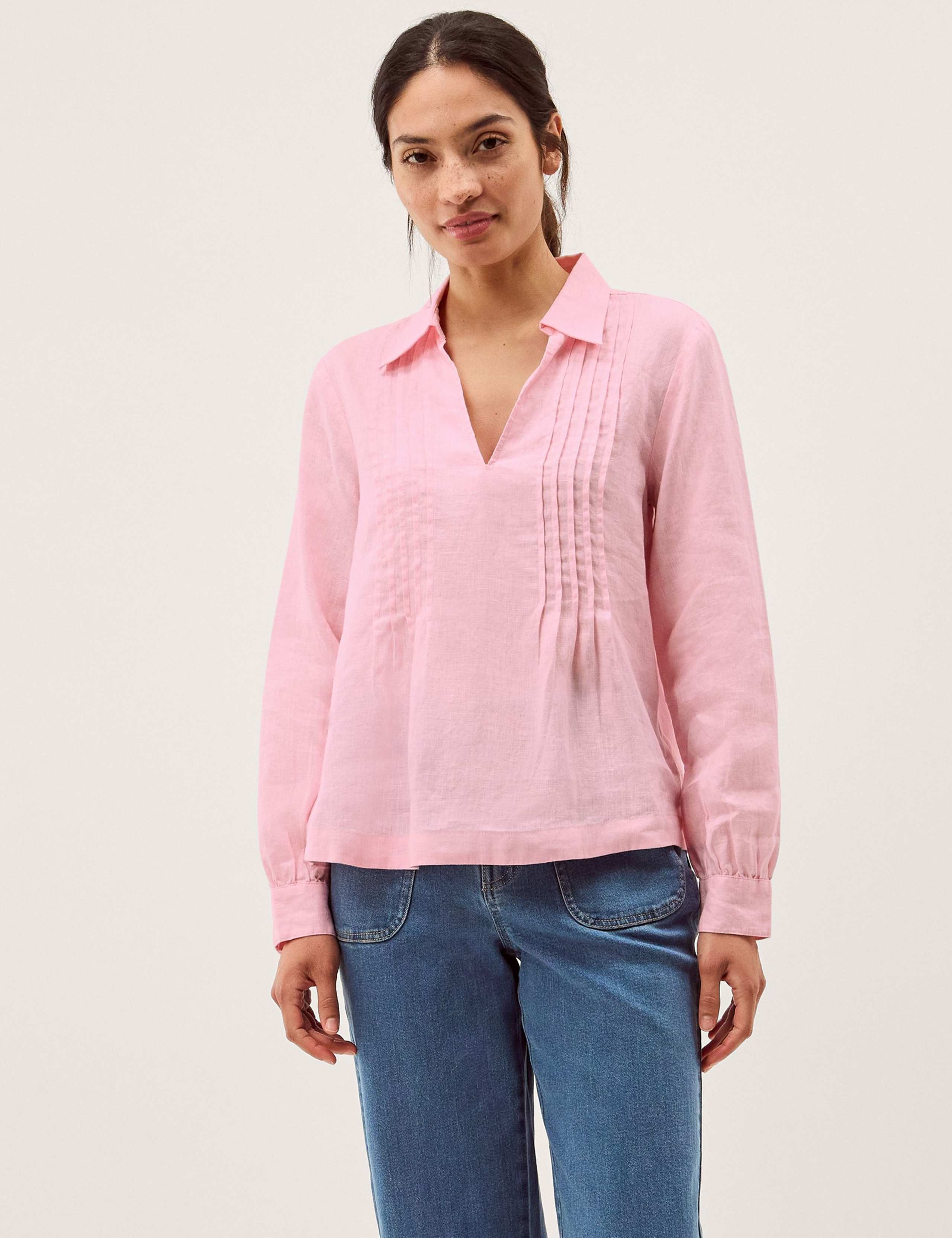 Pure Linen Collared V-Neck Pintuck Blouse