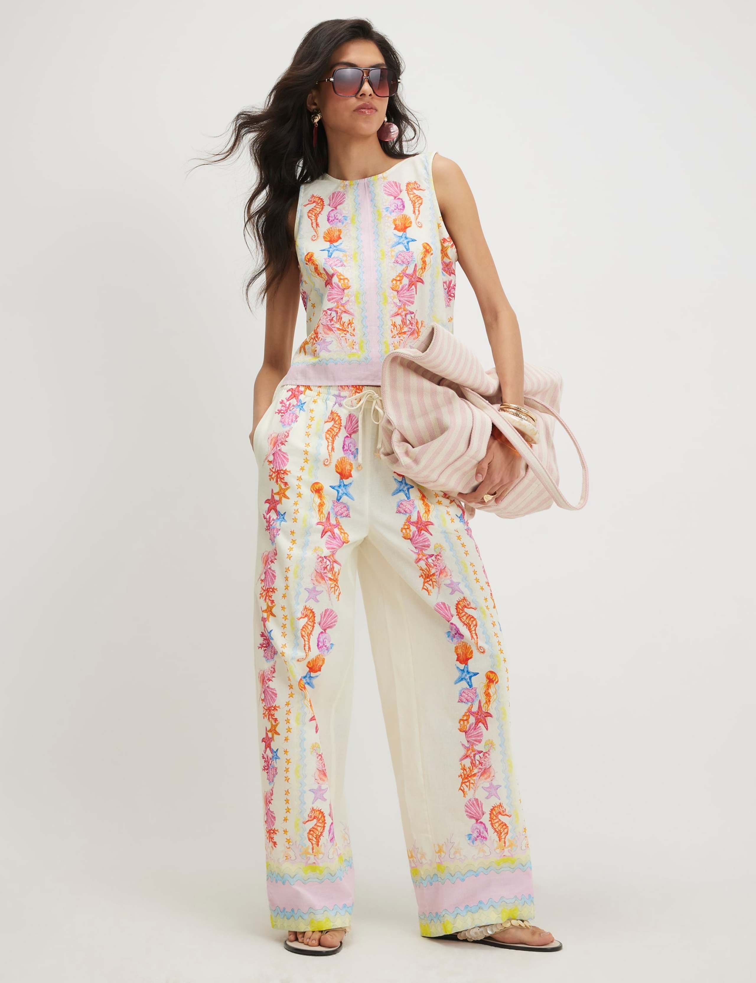 Cotton Rich Seashell Print Wide Leg Trousers