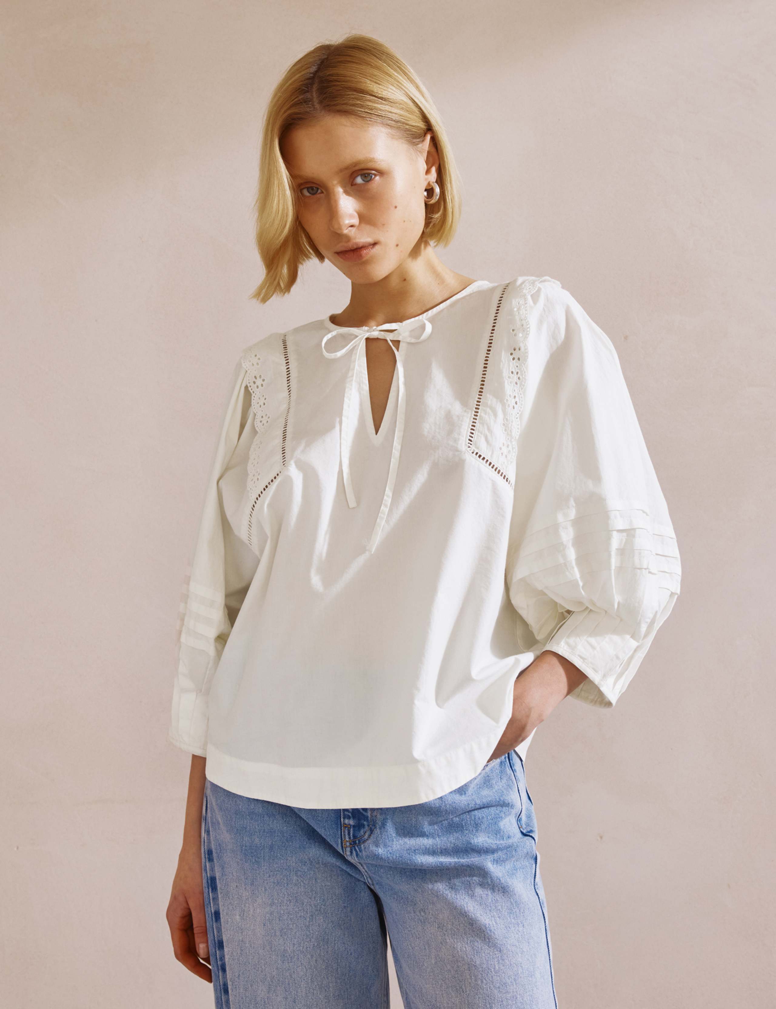 Pure Cotton Broderie Pintuck Sleeve Top