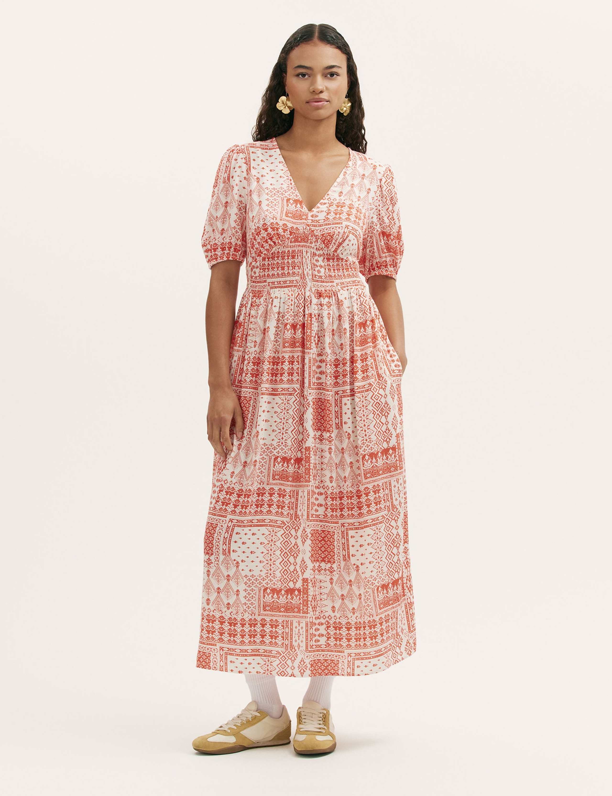 Printed V-Neck Midi Smock Dress