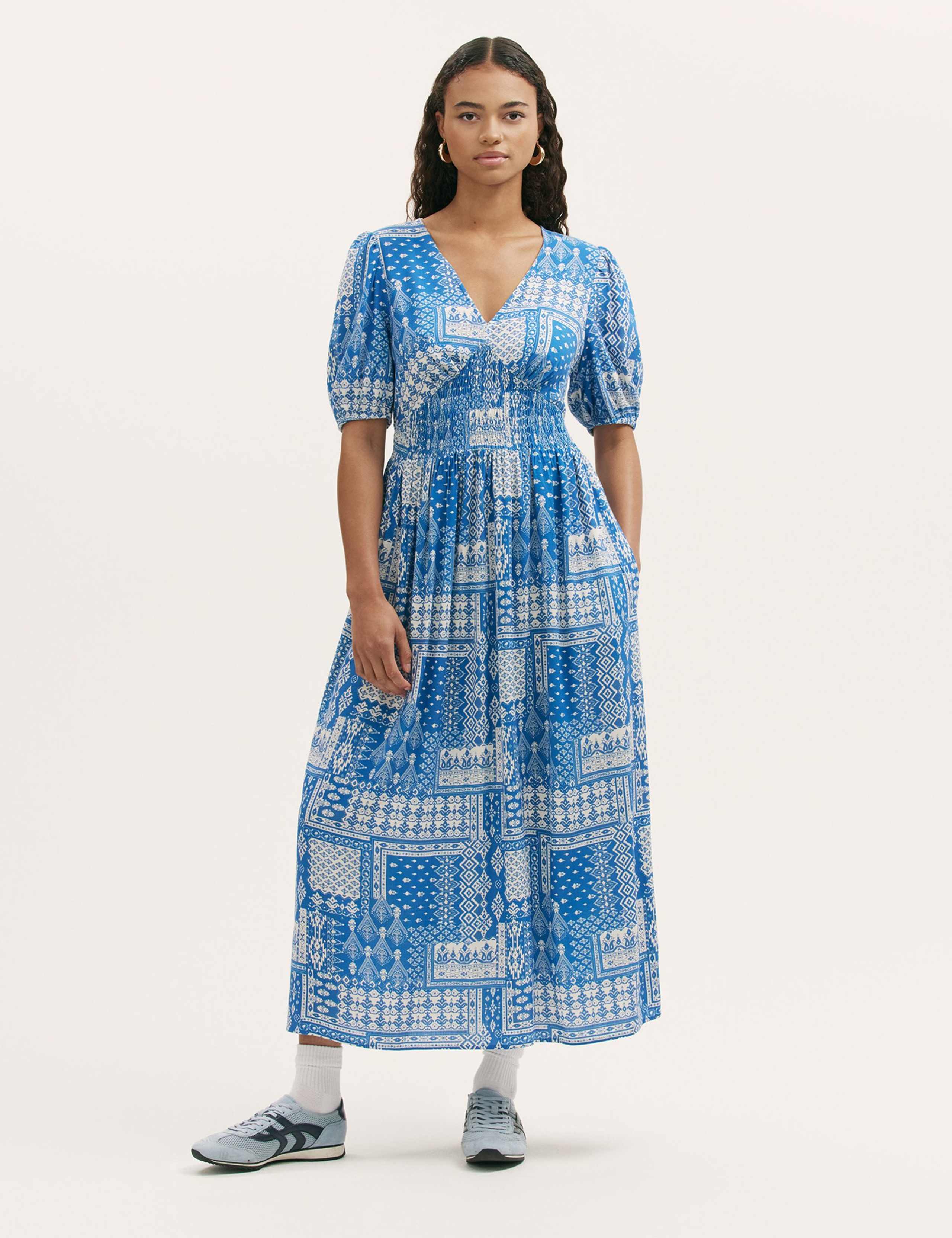 Printed V-Neck Midi Smock Dress