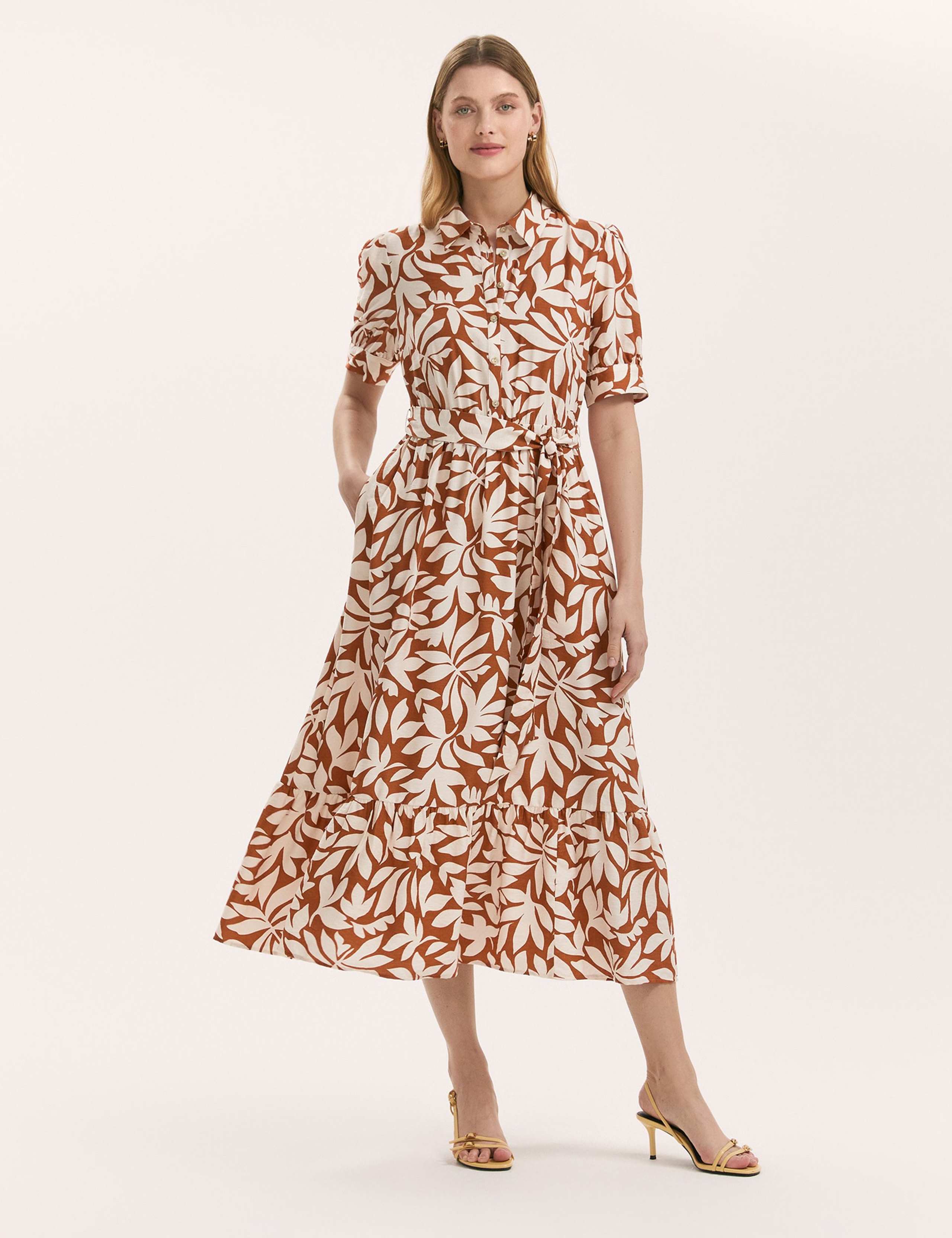 Leaf Print Midi Shirt Dress