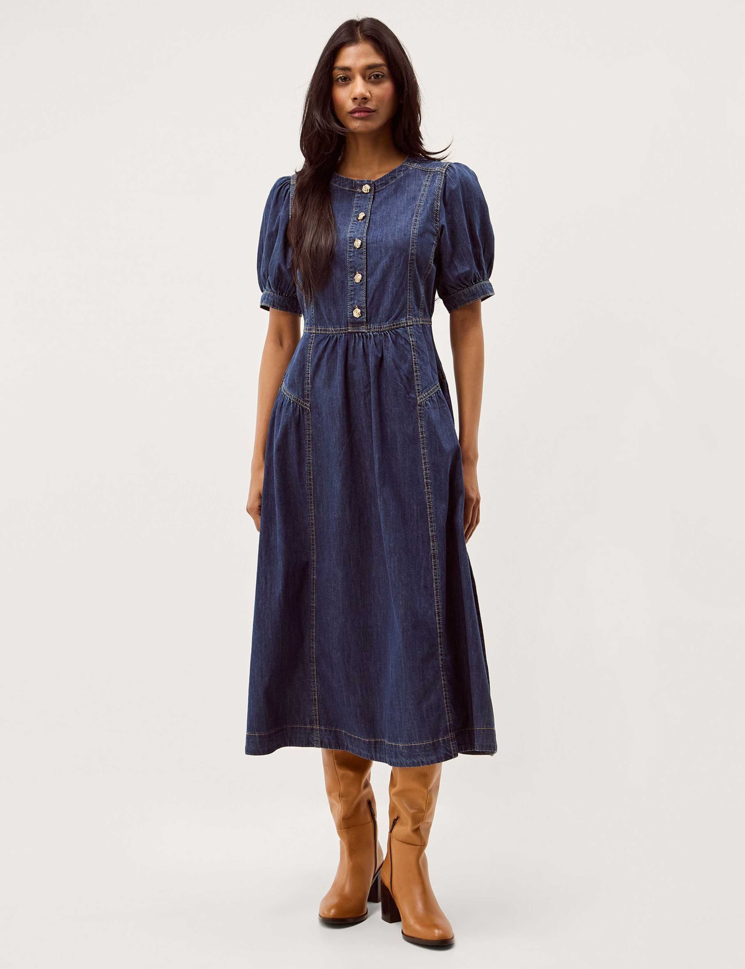 Denim Round Neck Midi Waisted Dress