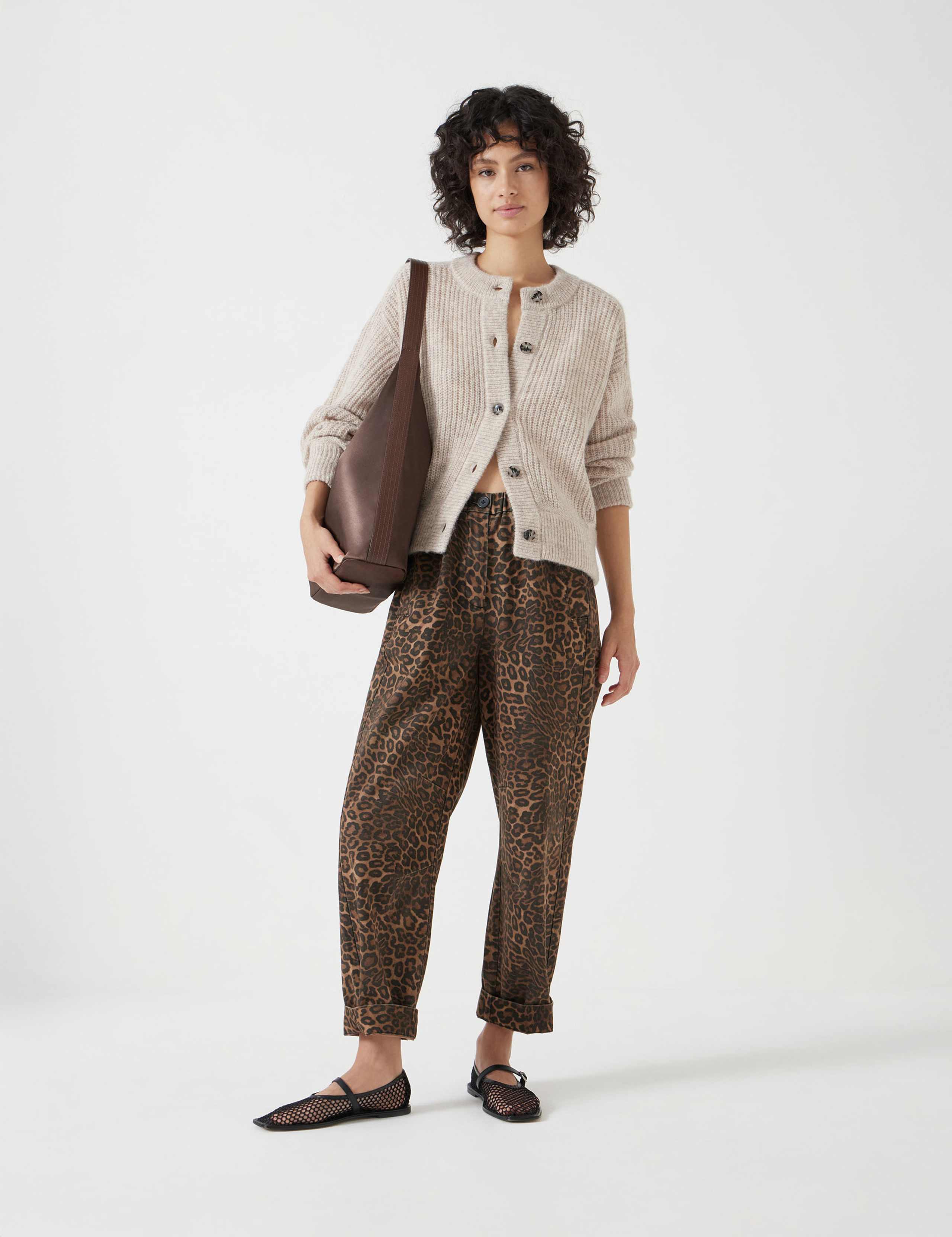 Pure Cotton Leopard Print Barrel Leg Trousers