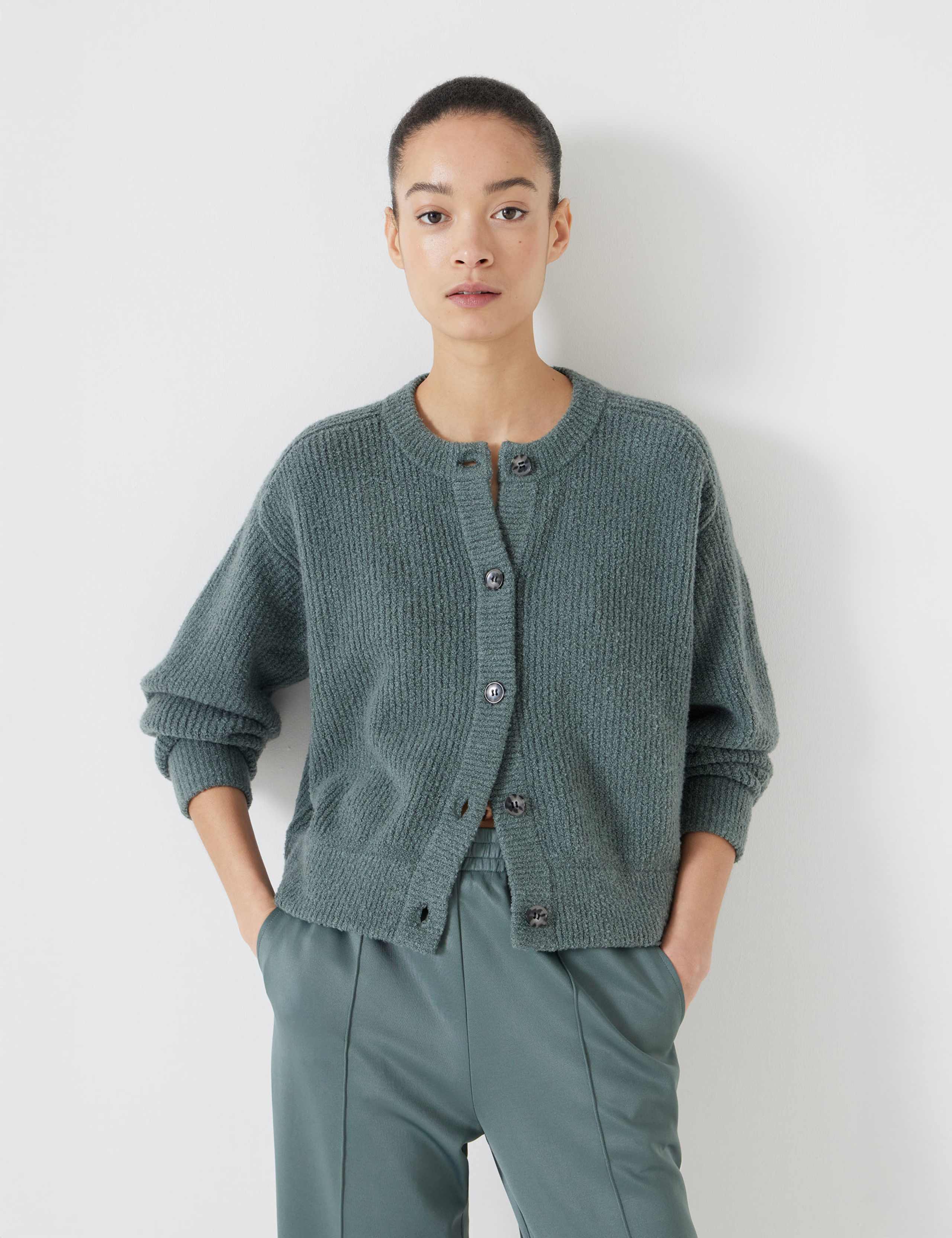 Ribbed Button Front Cardigan with Wool