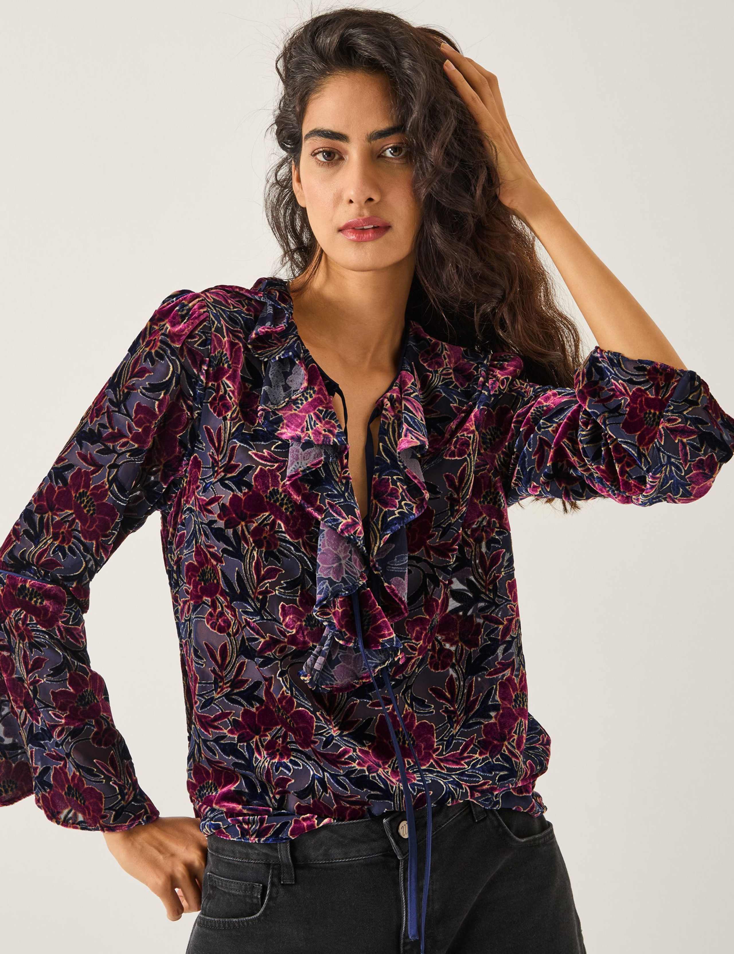 Devoré Floral Tie Neck Ruffle Blouse