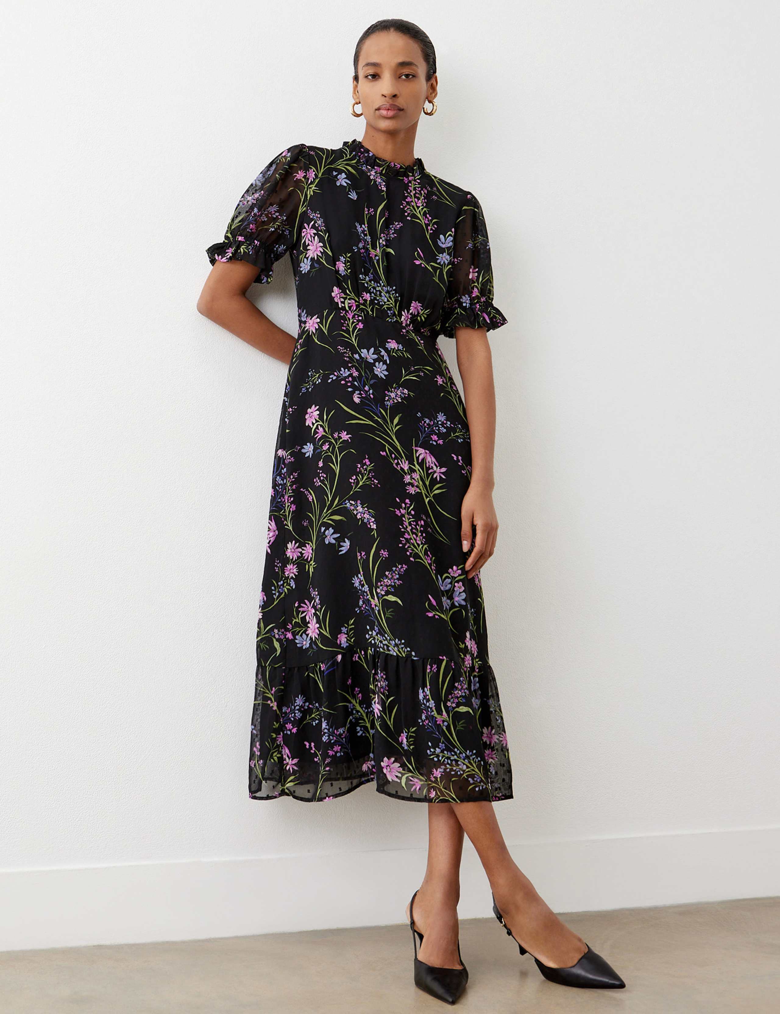 Floral Frill Sleeve Midi Tea Dress
