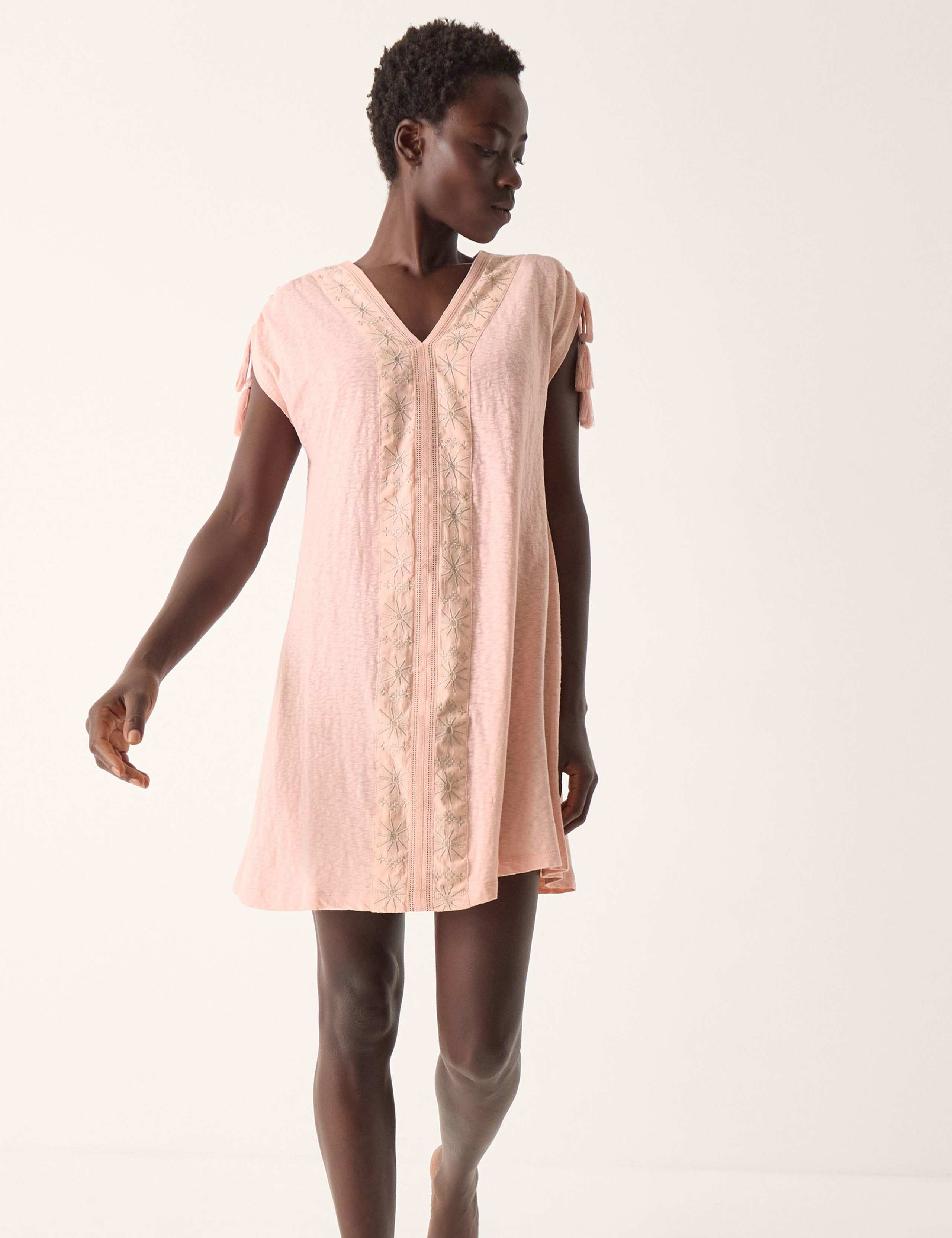 Pure Cotton Embroidered V-Neck Mini Kaftan