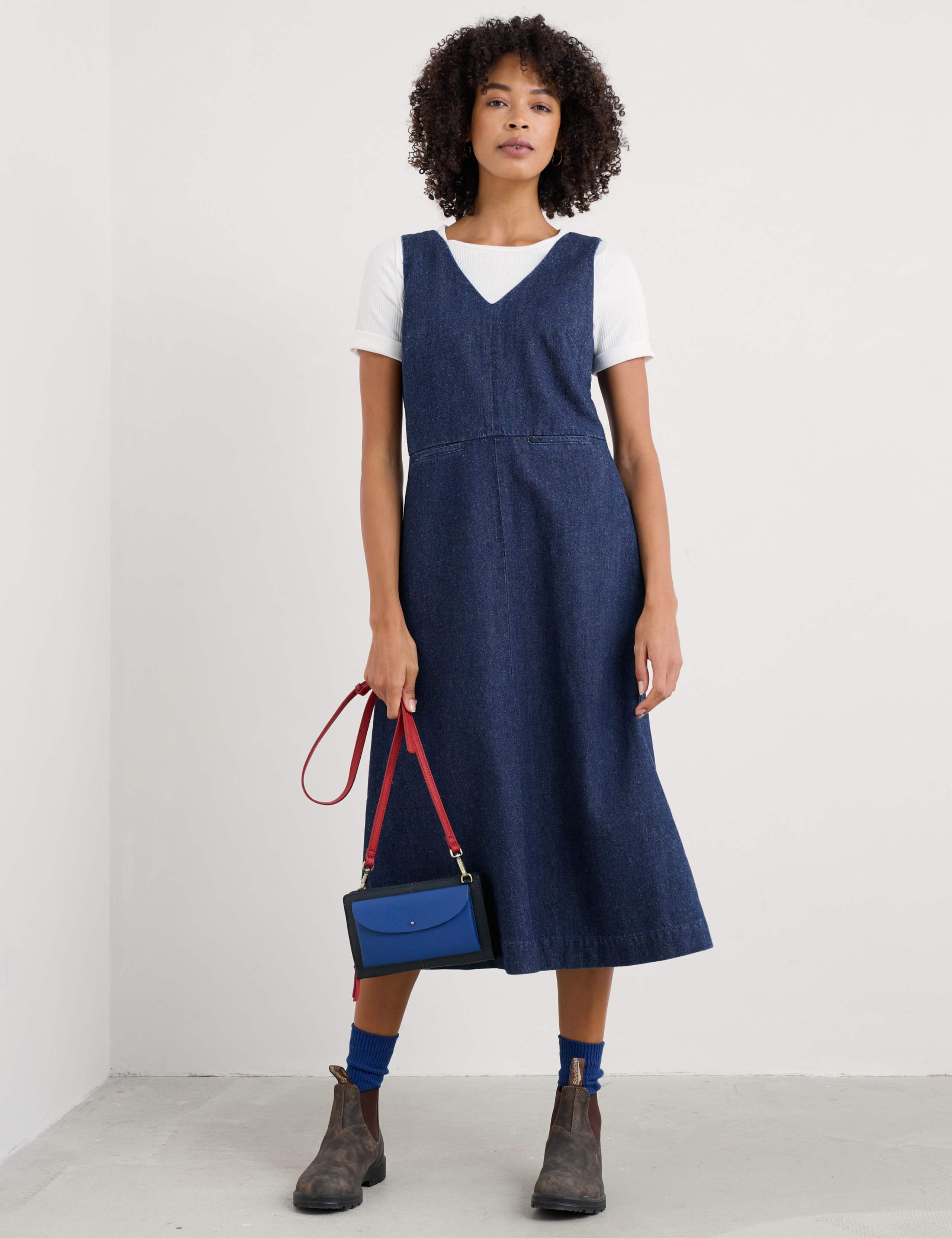 Denim V-Neck Midi Shift Dress