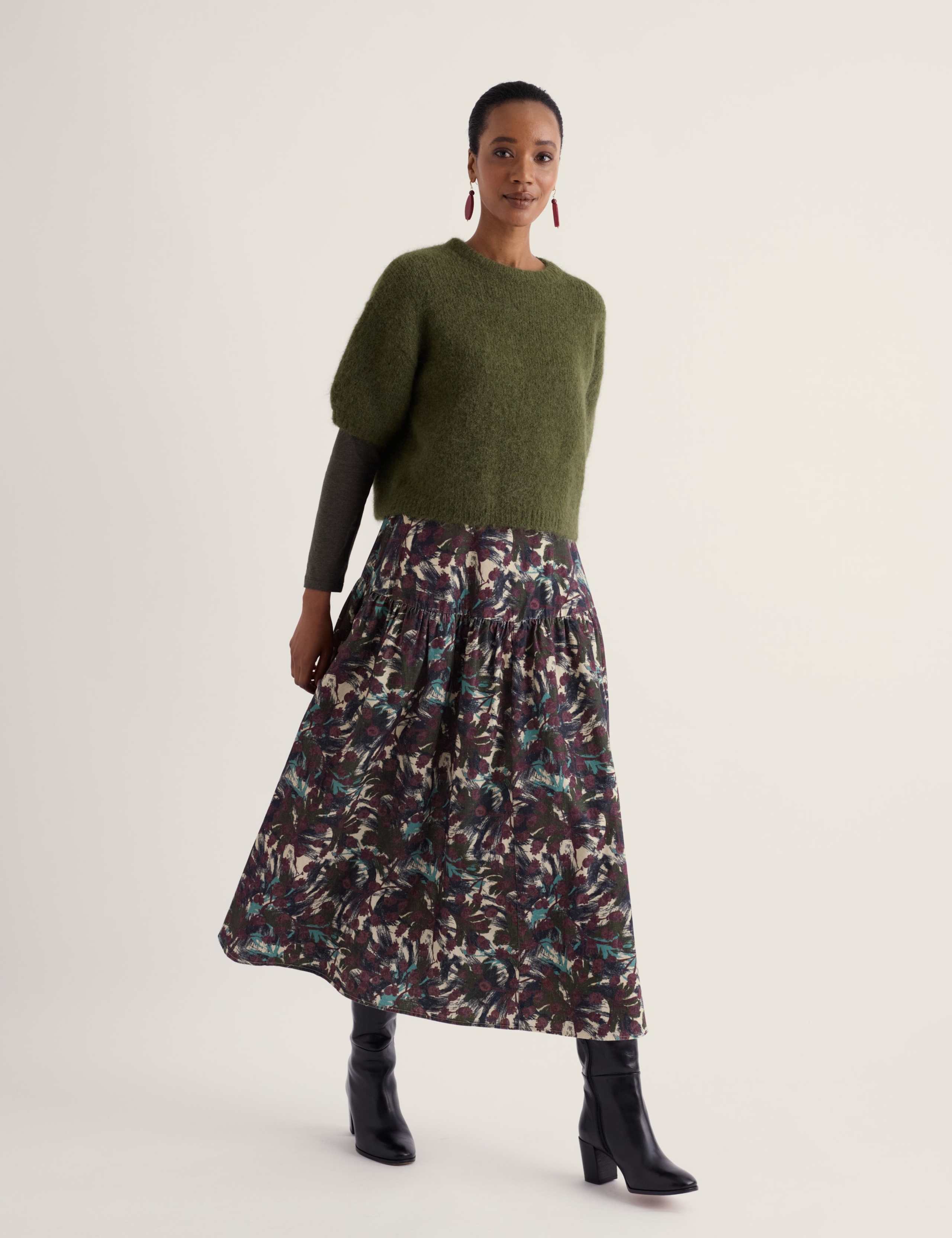 Pure Cotton Cord Floral Midi A-Line Skirt
