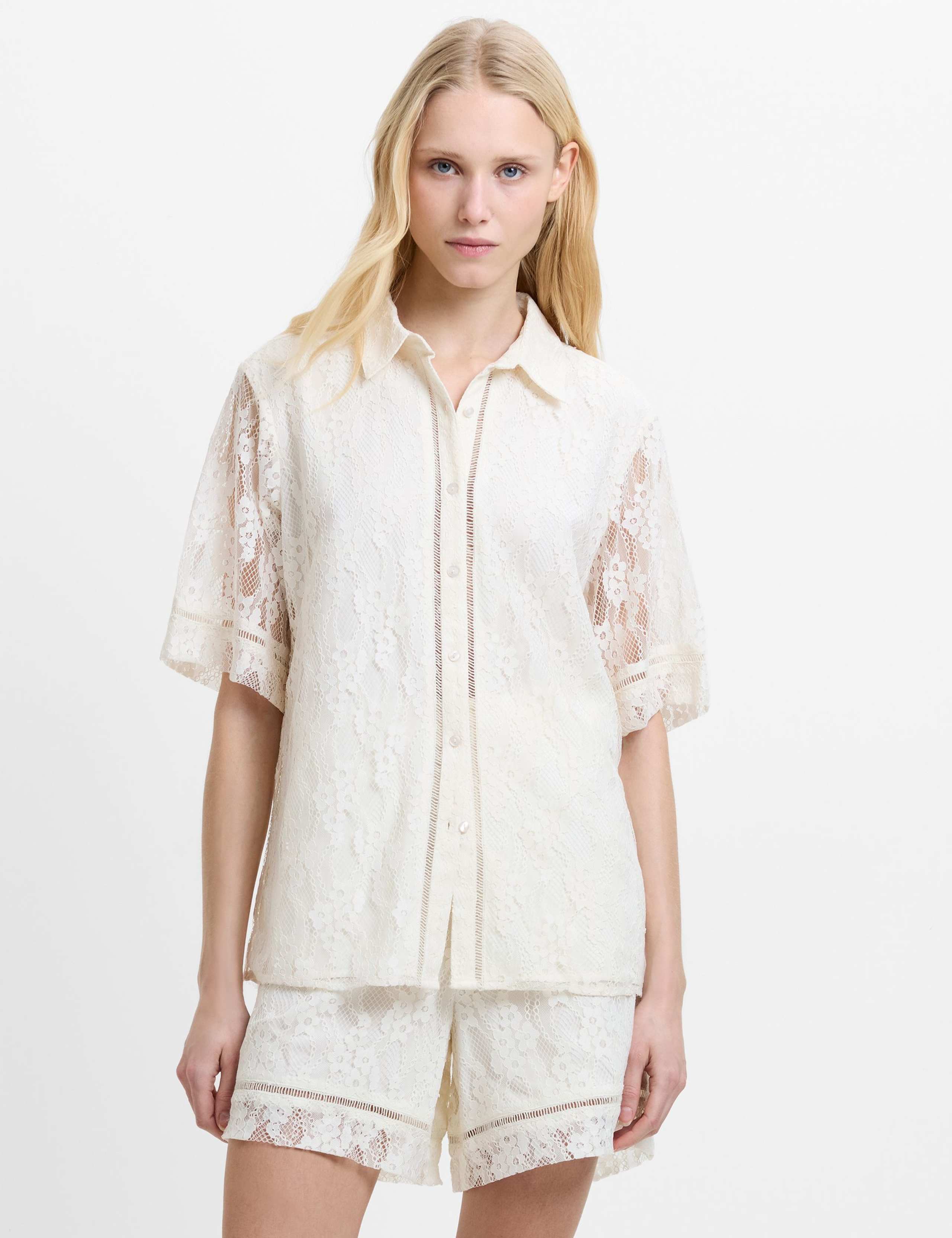 Floral Lace Collared Button Through Shirt