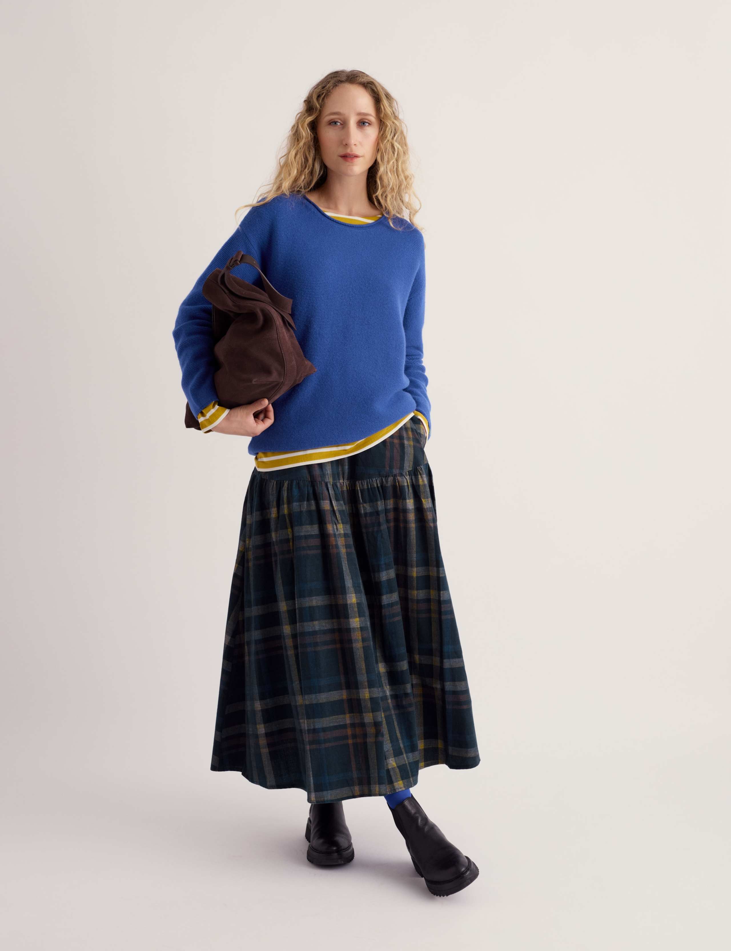 Pure Cotton Cord Checked Midi A-Line Skirt