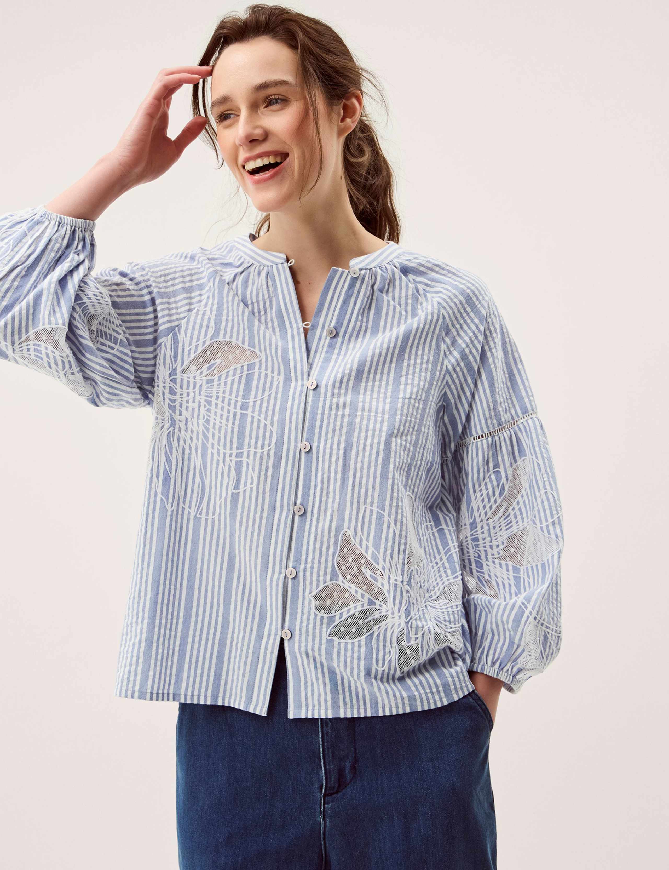 Pure Cotton Embroidered Striped Blouse