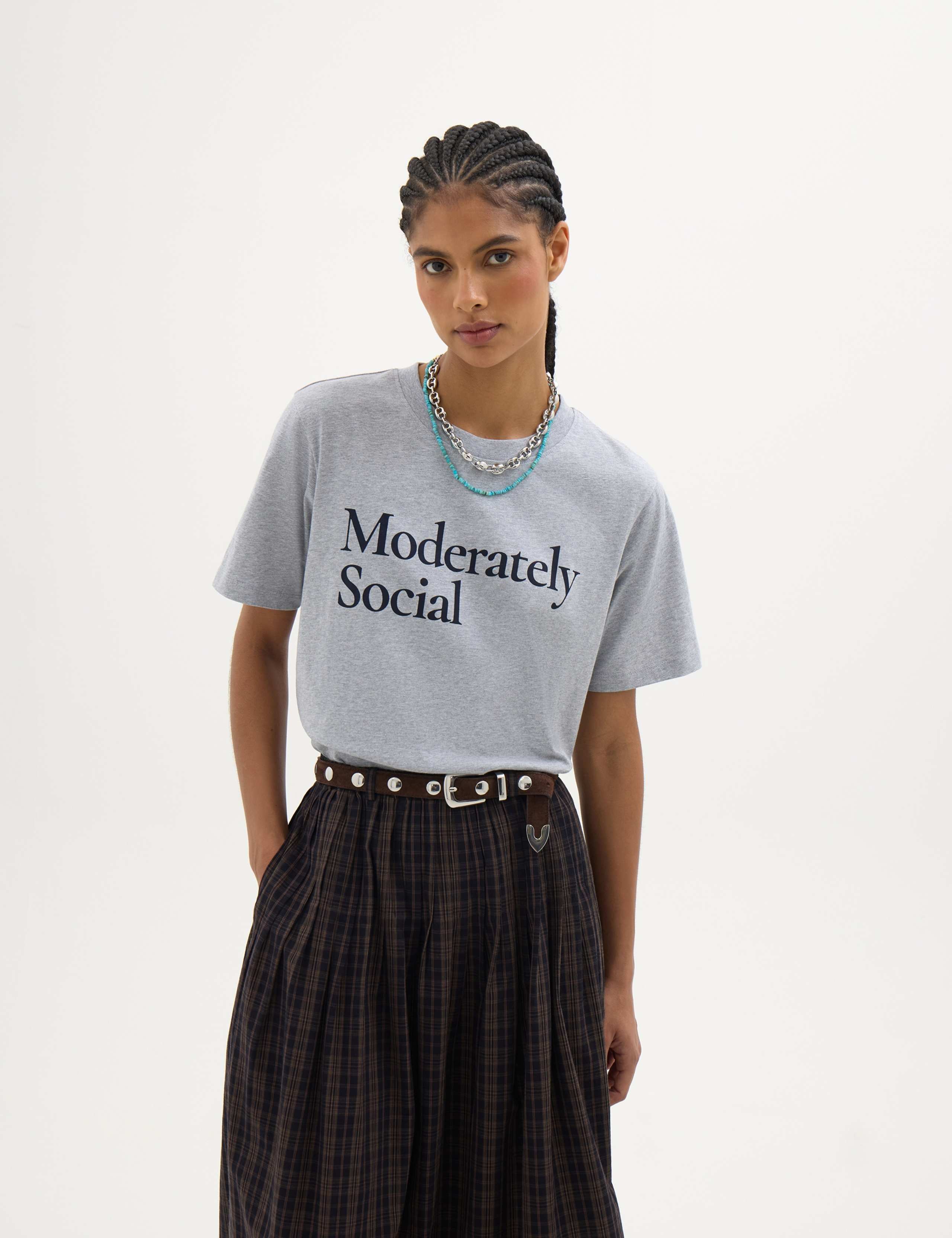 Pure Cotton Moderately Social Slogan T-Shirt
