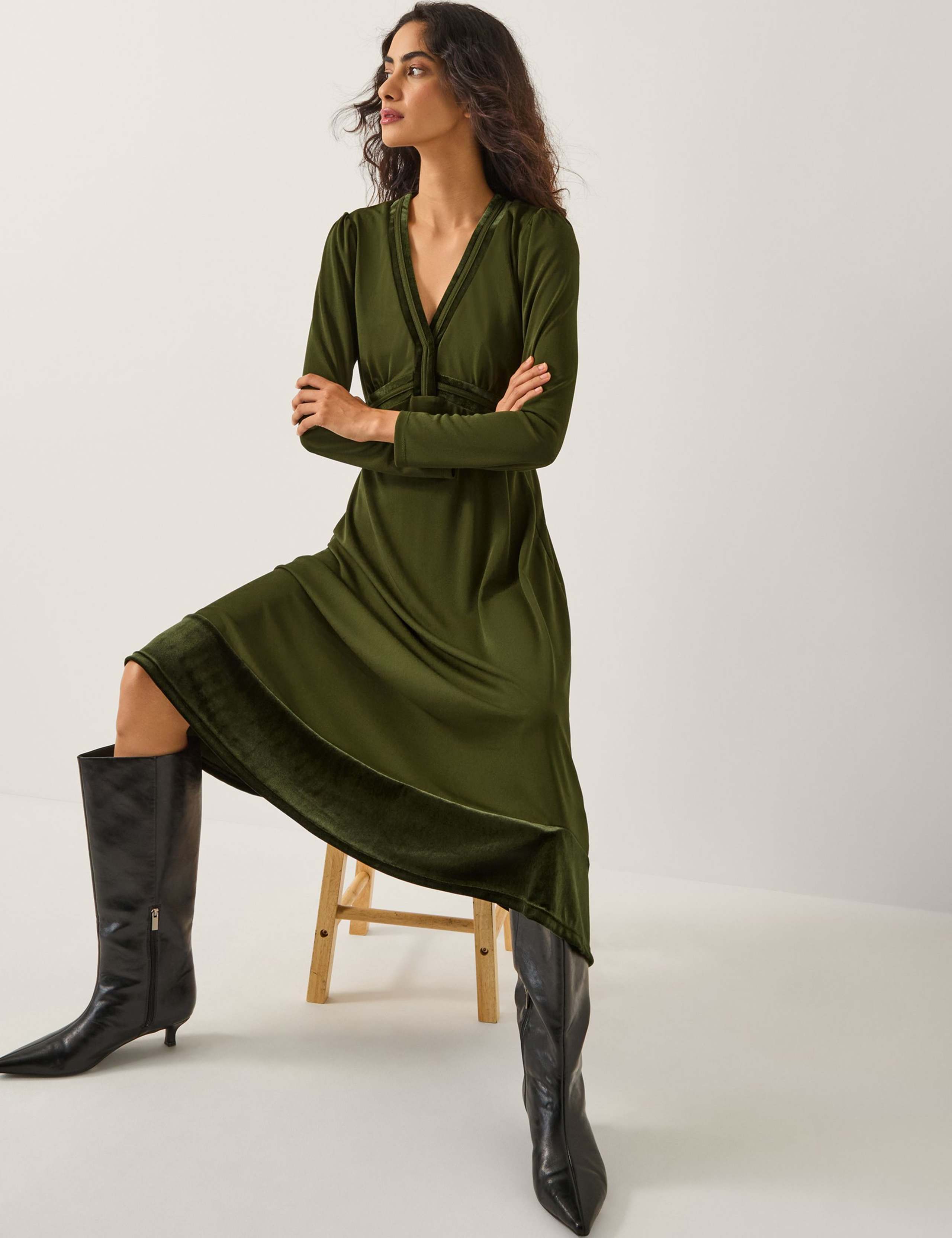 Velvet V-Neck Midi Wrap Dress
