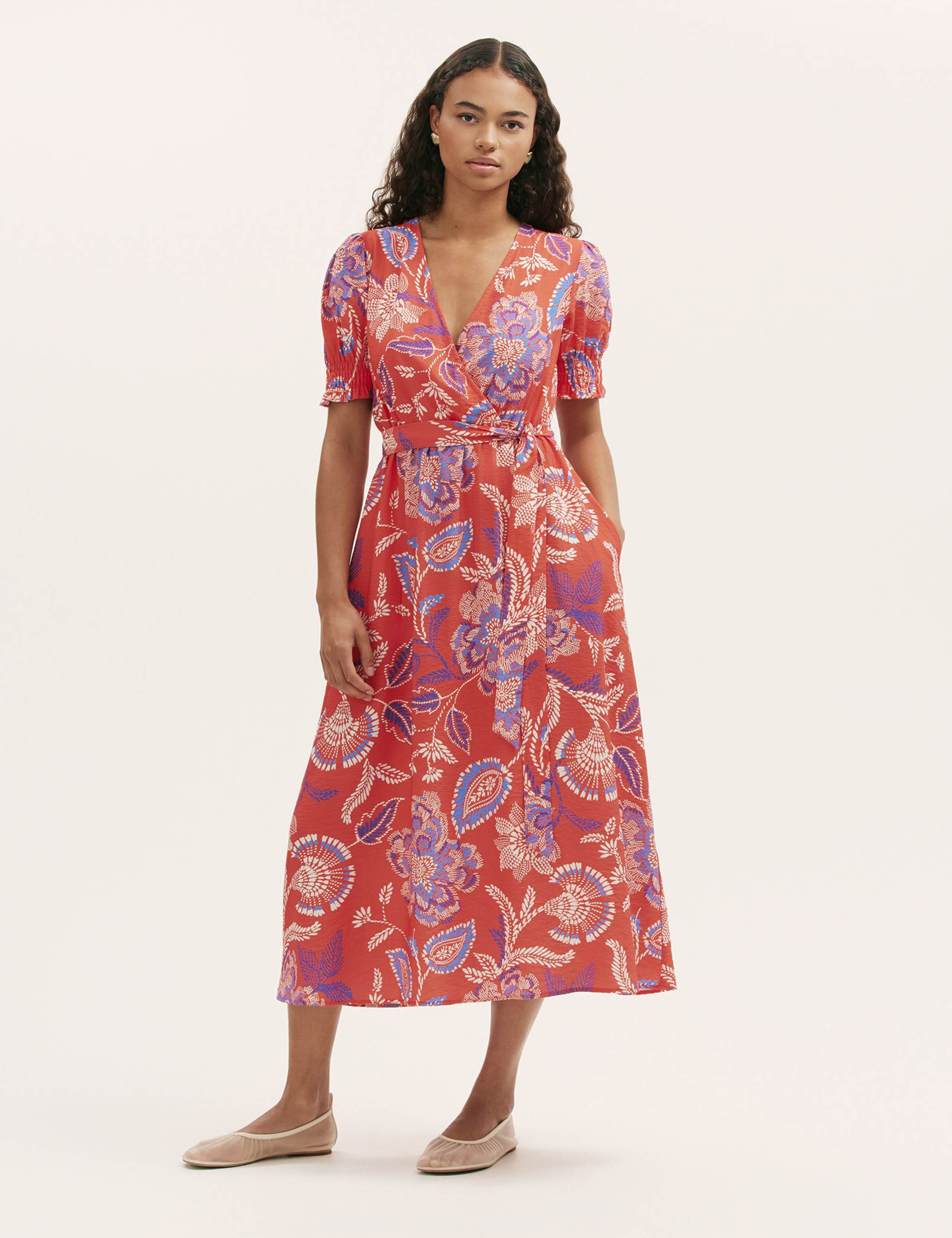 Floral V-Neck Tie Waist Midi Wrap Dress