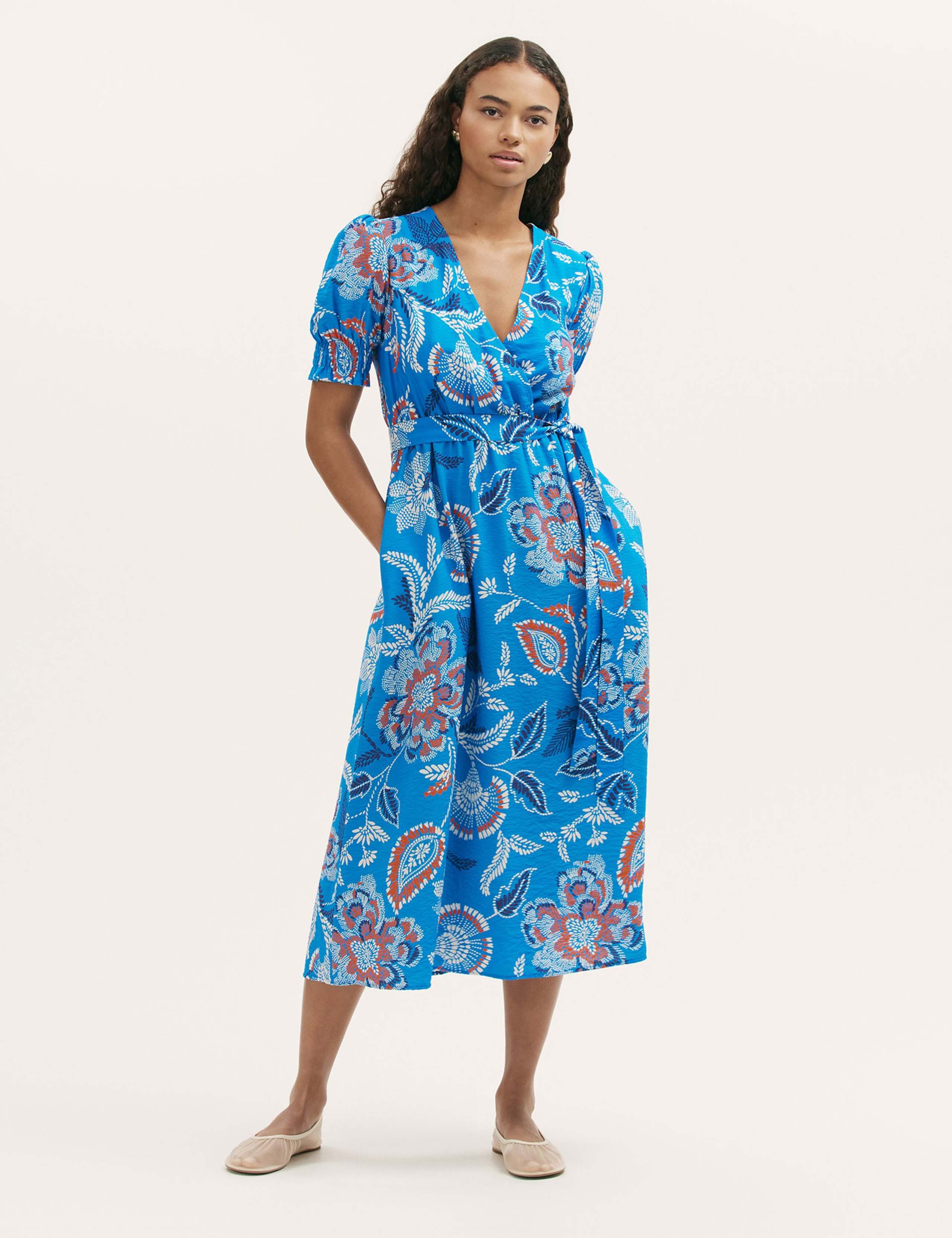 Floral V-Neck Tie Waist Midi Wrap Dress