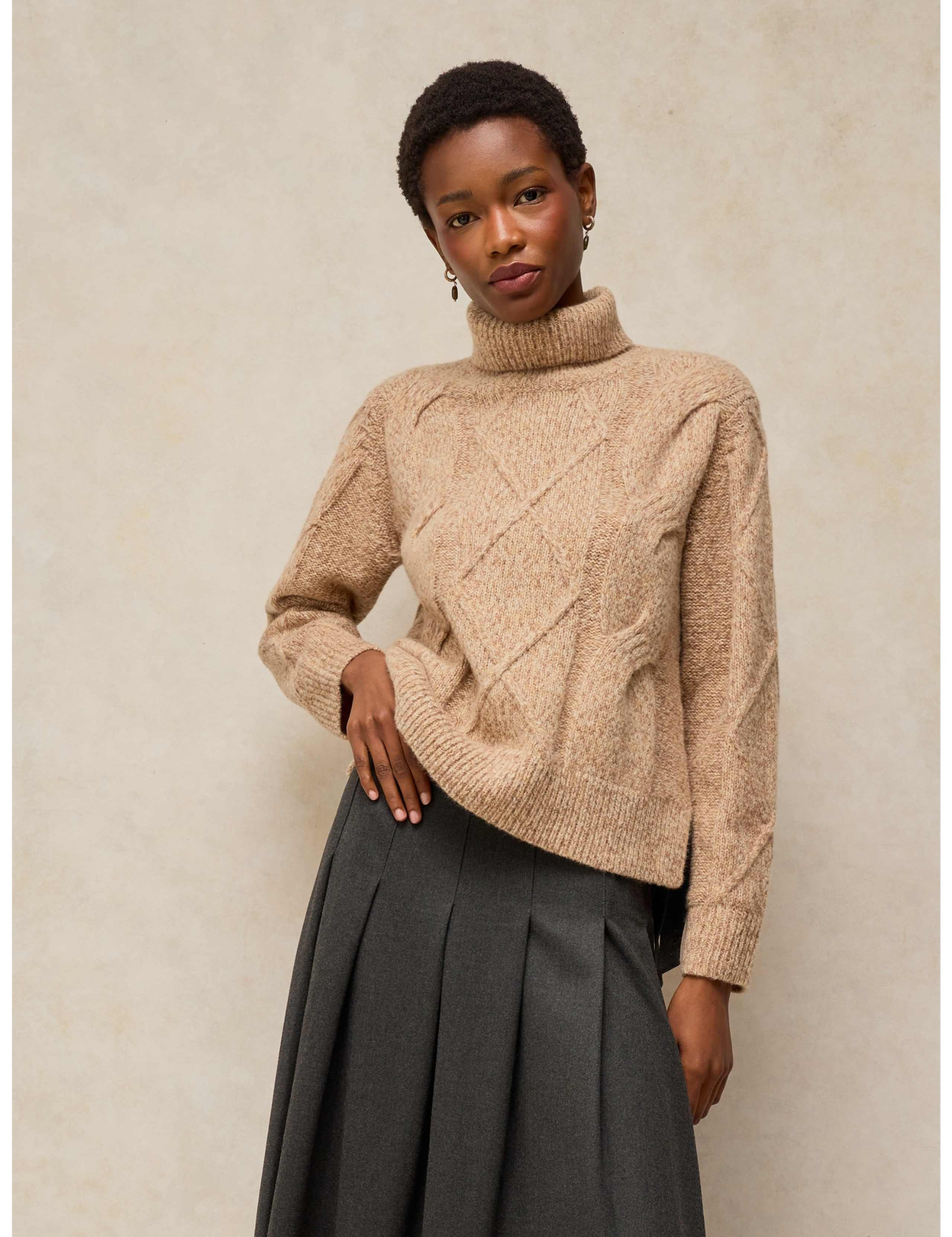 Wool Blend Cable Knit Roll Neck Jumper