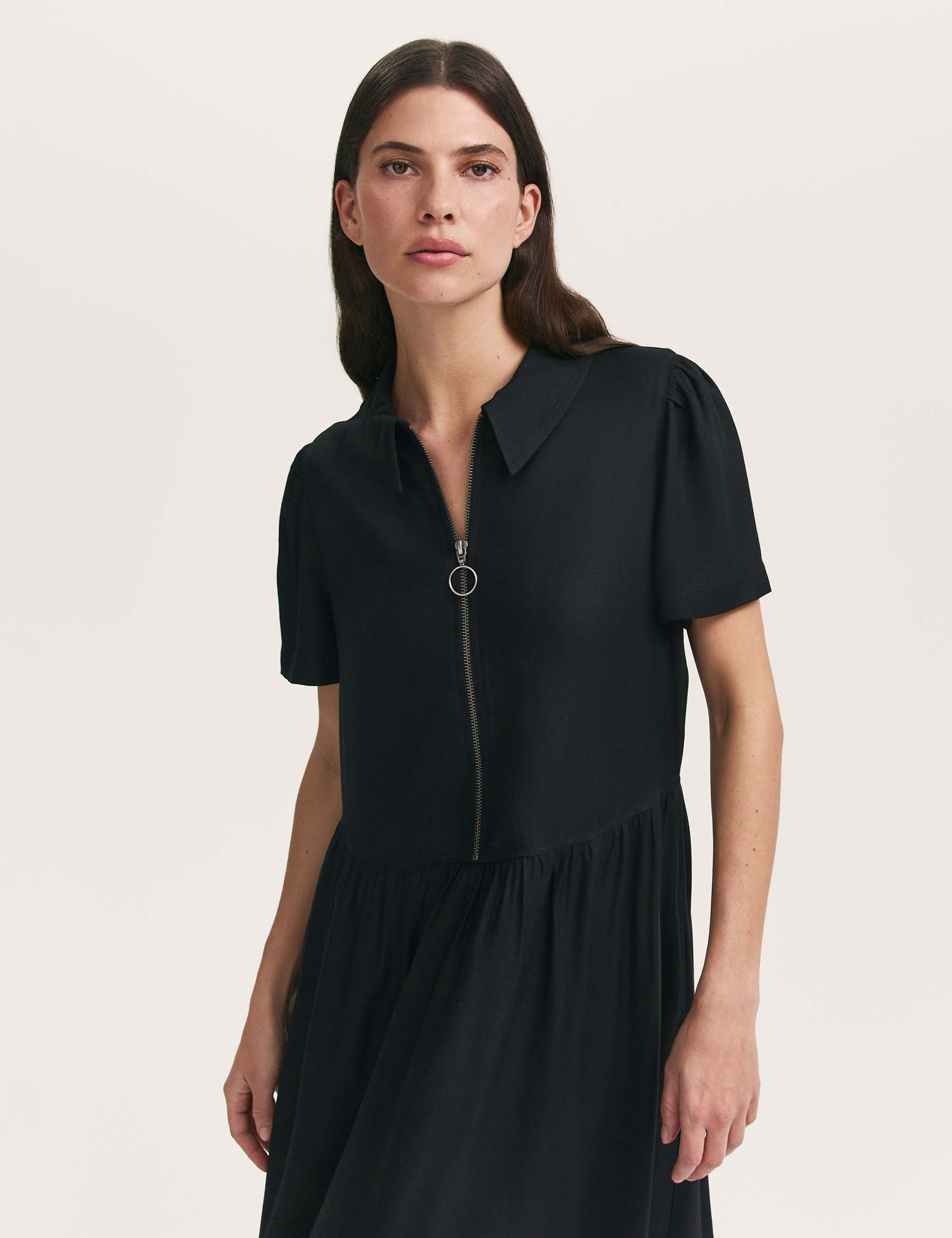 V-Neck Zip Up Midaxi Shirt Dress