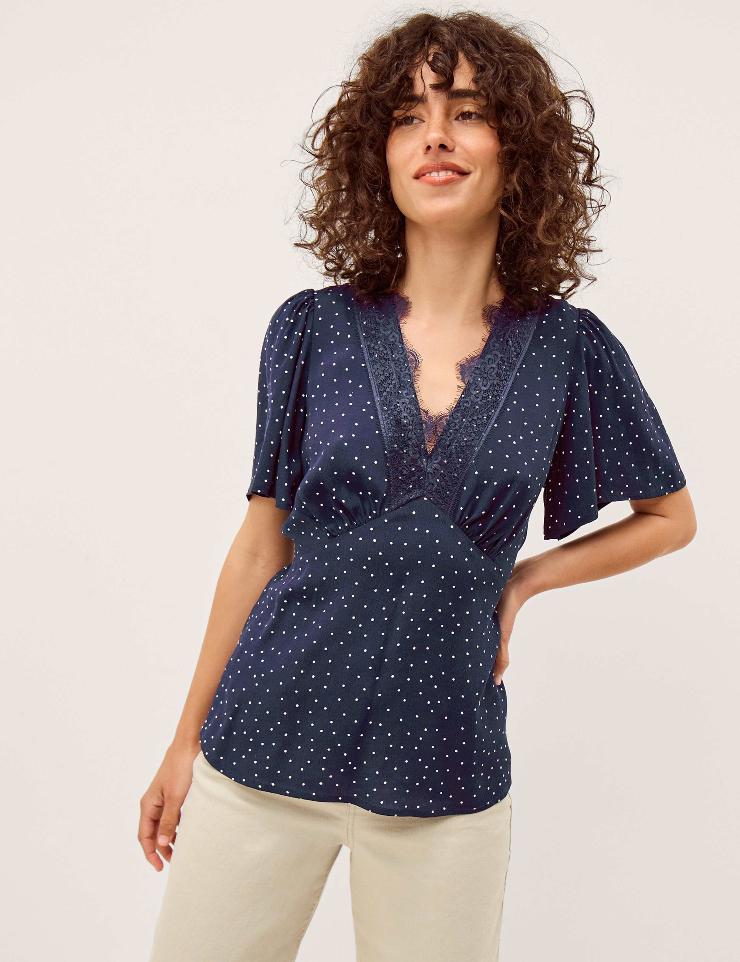 Polka Dot V-Neck Lace Trim Waisted Blouse