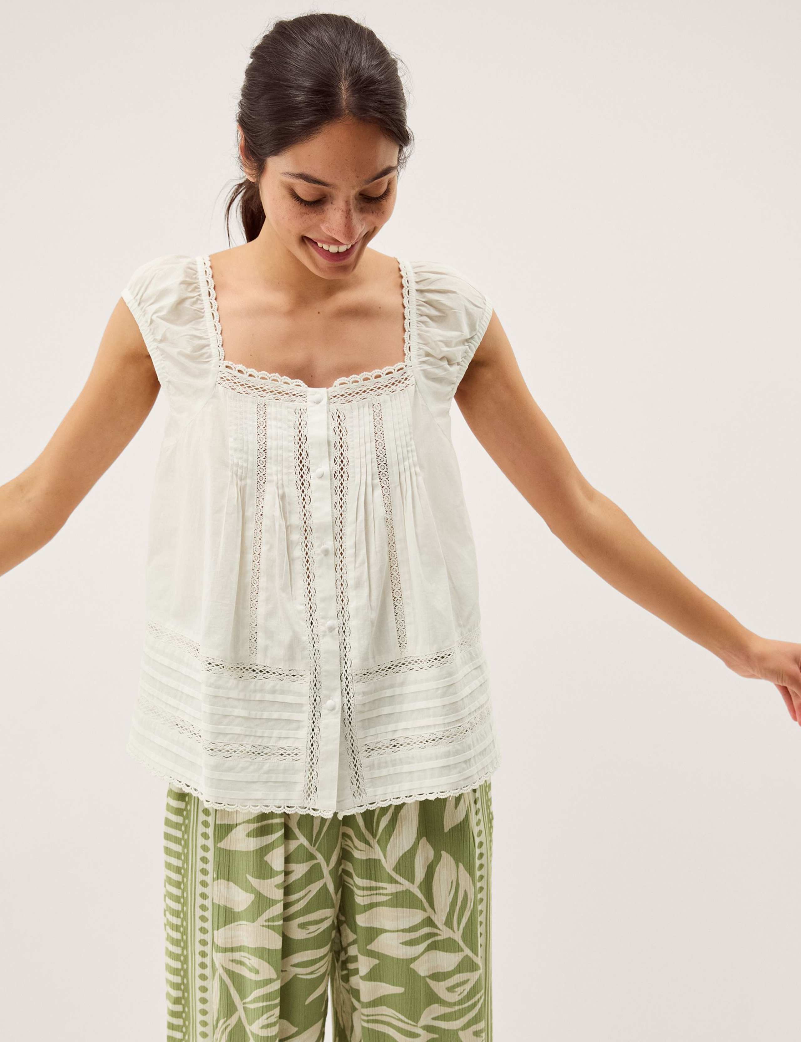 Pure Cotton Broderie Square Neck Blouse