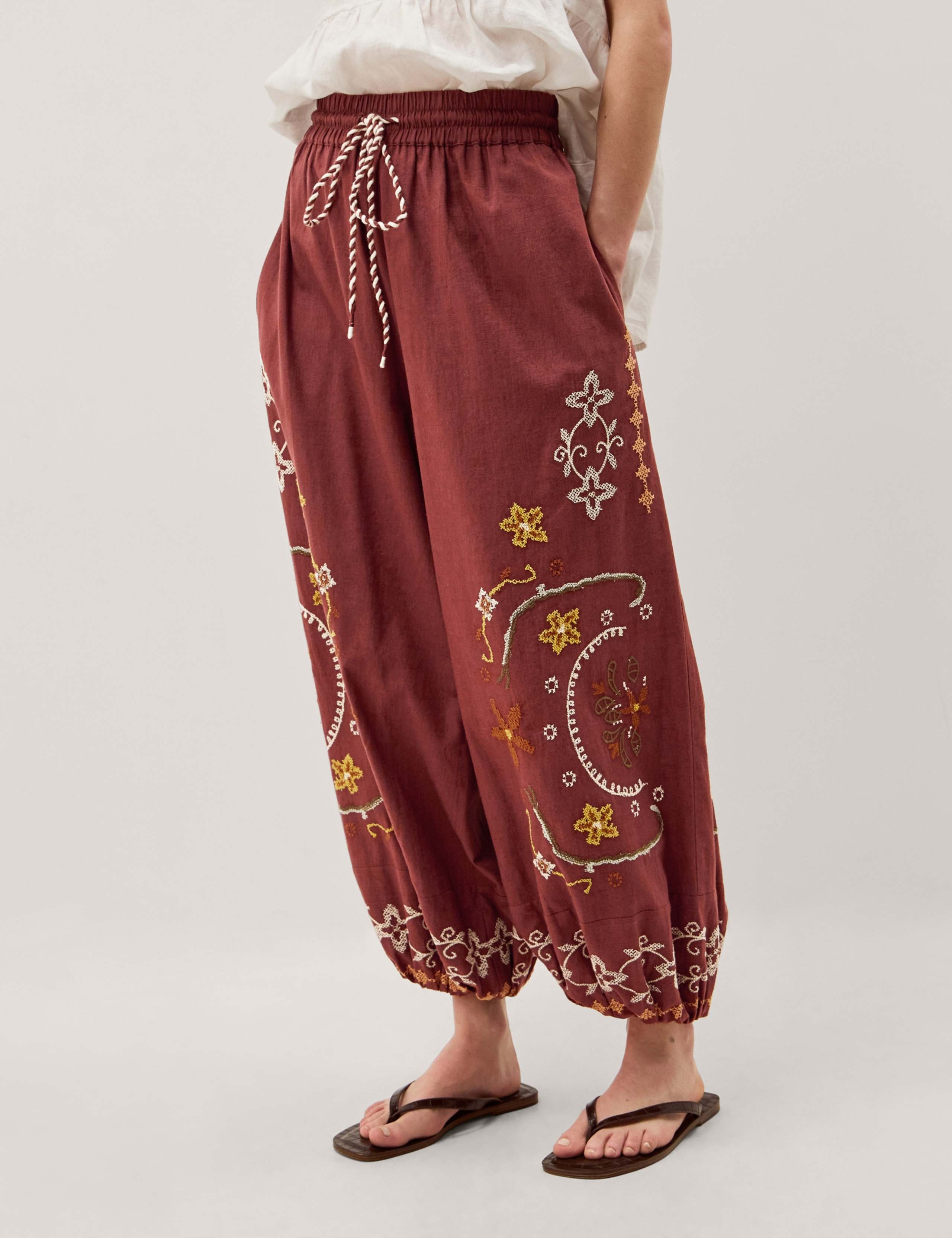 Pure Cotton Embroidered Wide Leg Trousers