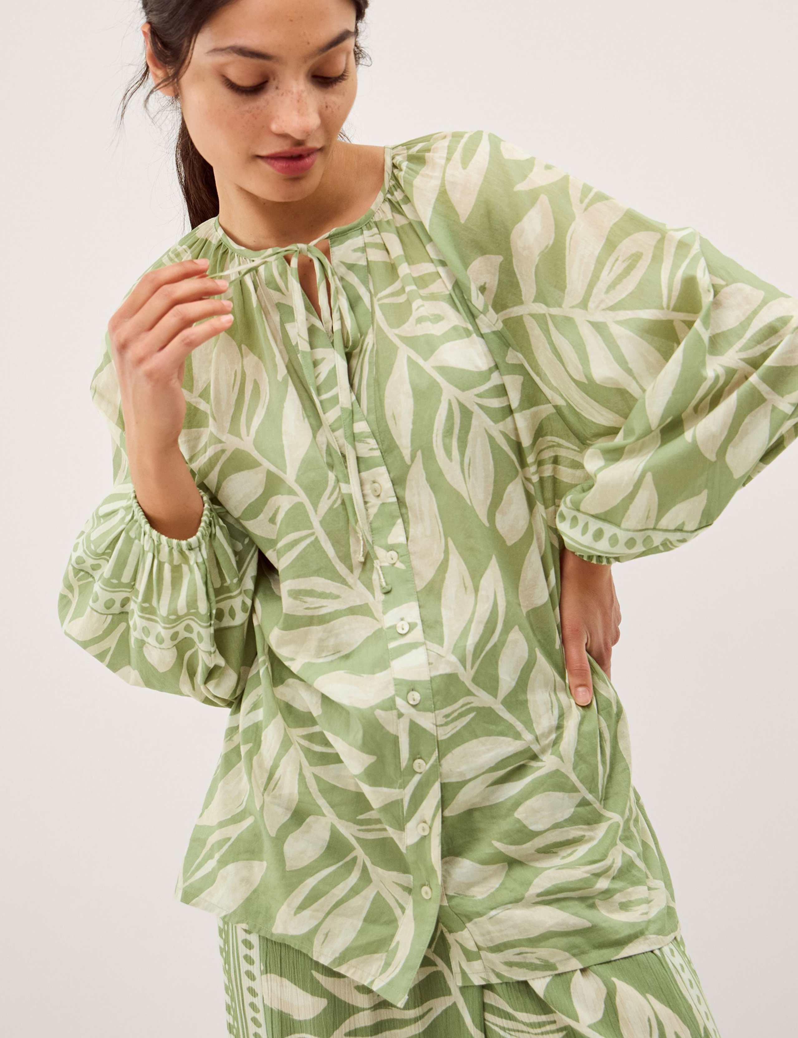 Pure Cotton Leaf Print Tie Neck Blouse