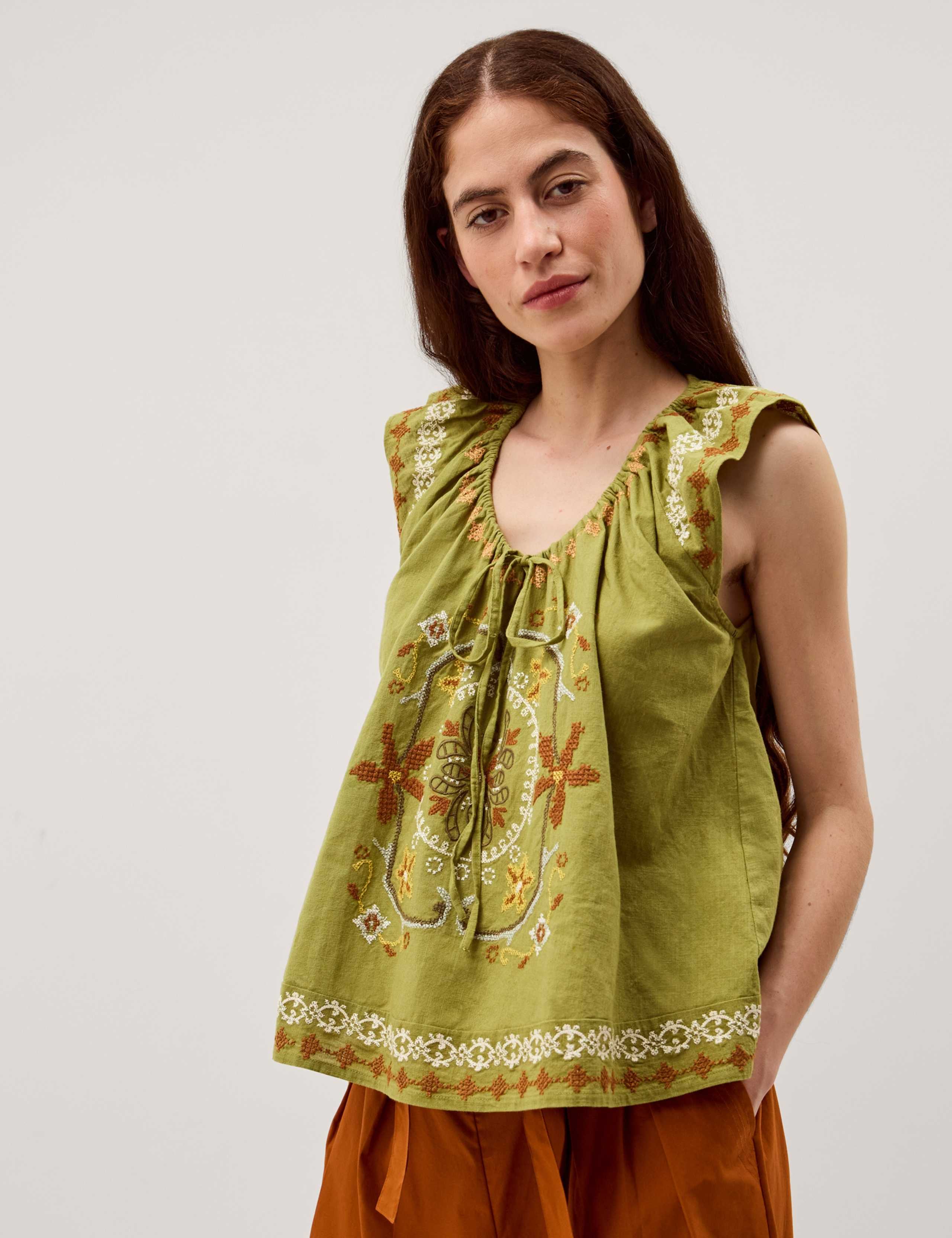 Pure Cotton Embroidered Tie Neck Blouse