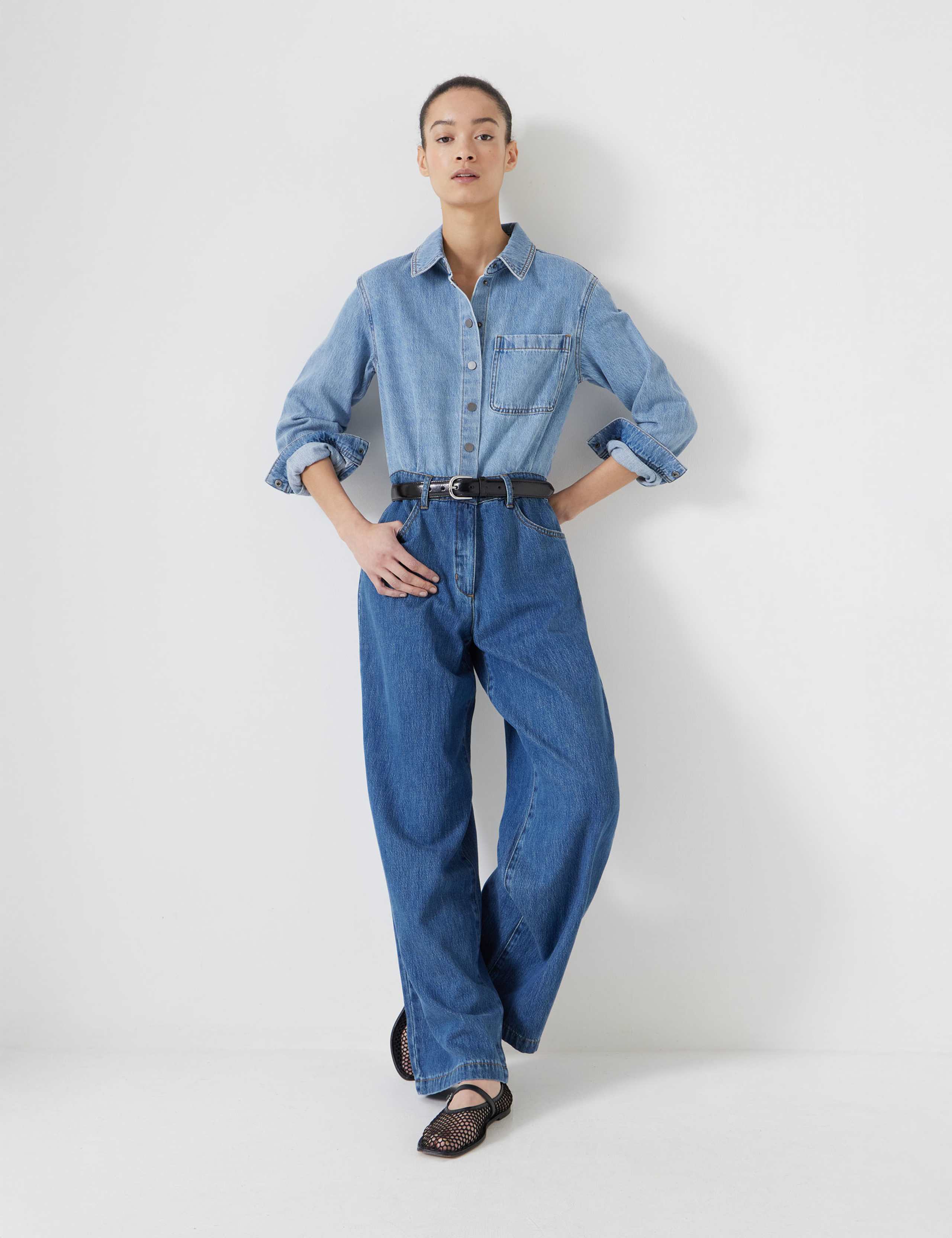 Lyocell Denim Two-Tone Long Sleeve Jumpsuit