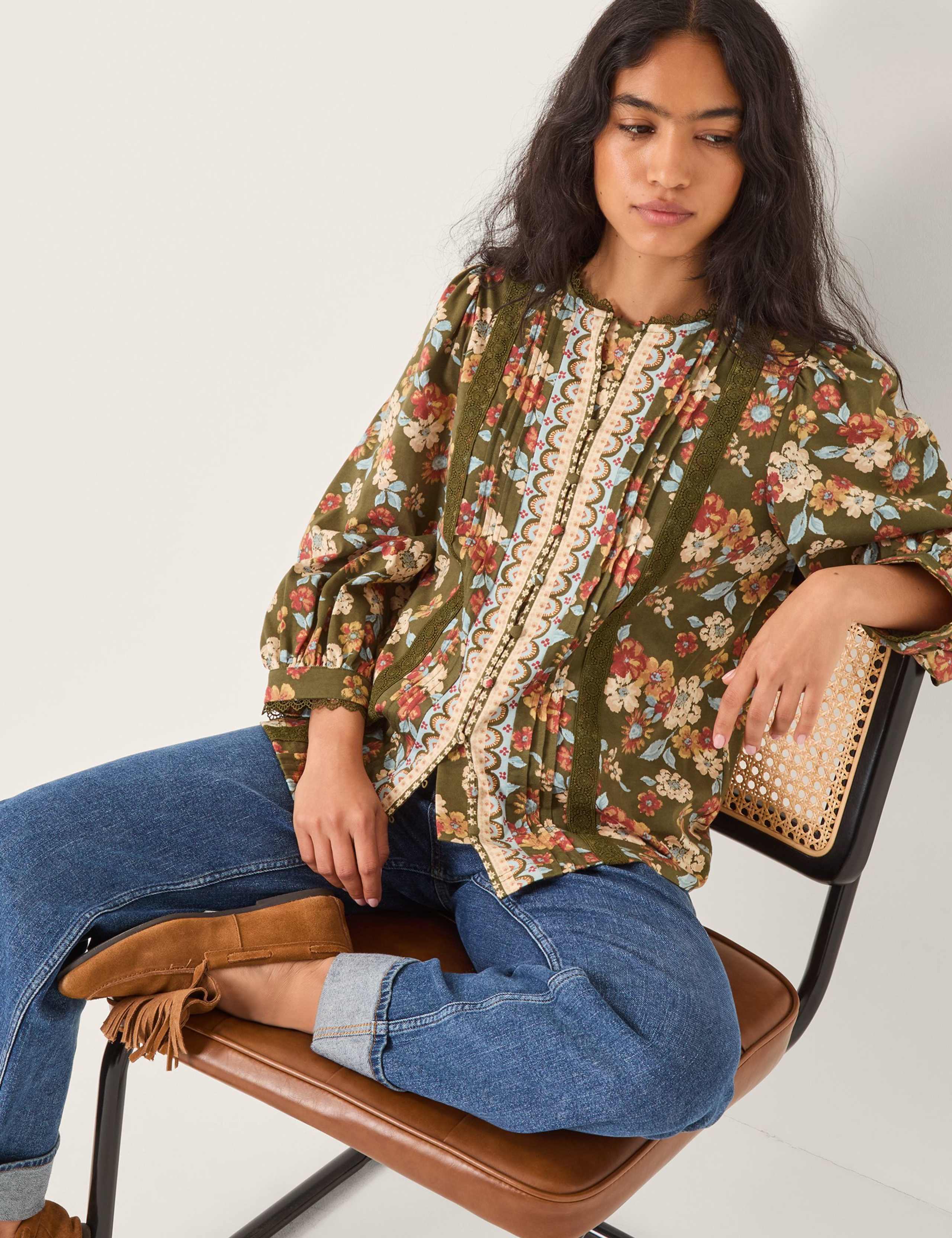 Pure Cotton Floral Pintuck Shirt