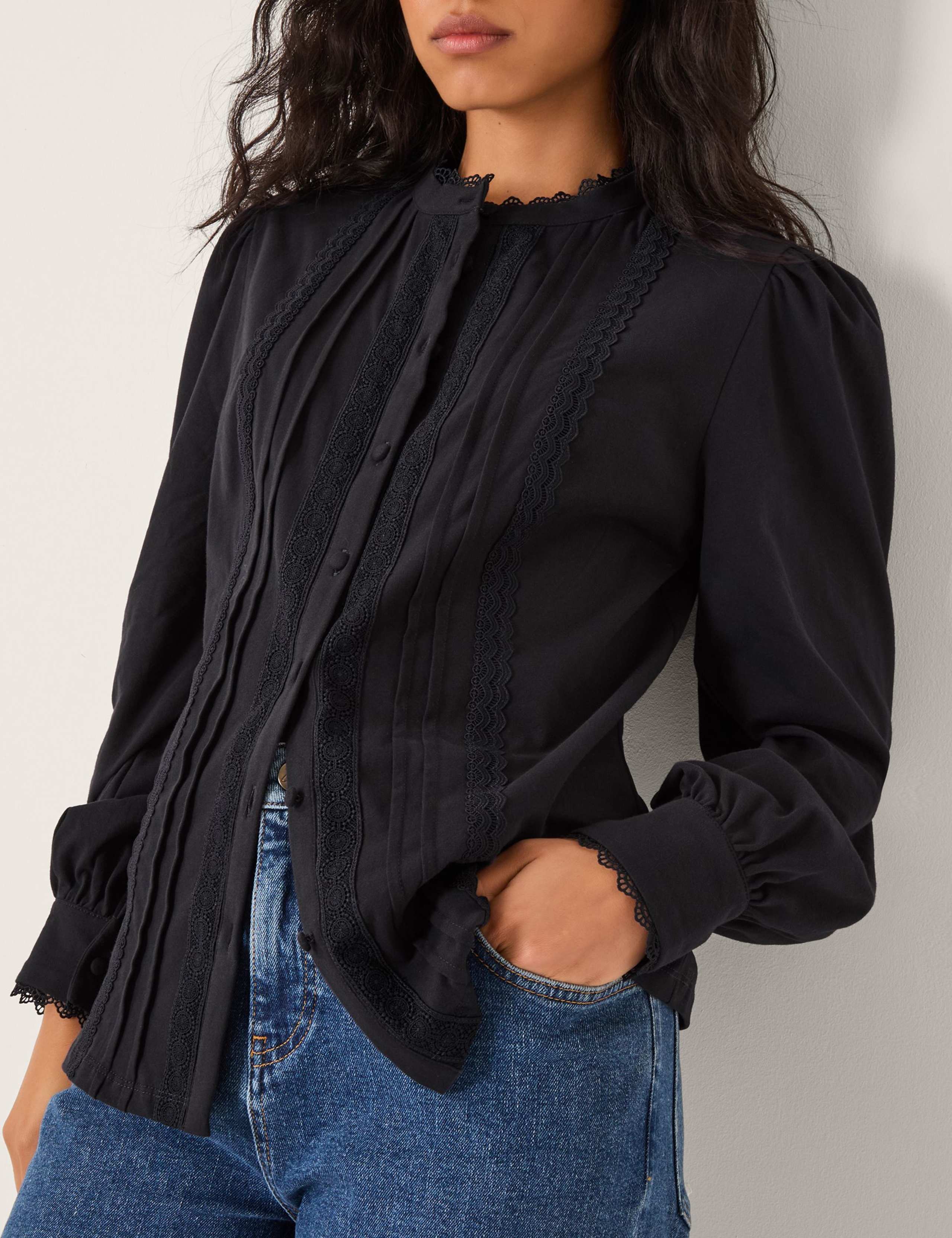 Pure Cotton Pintuck Lace Trim Shirt