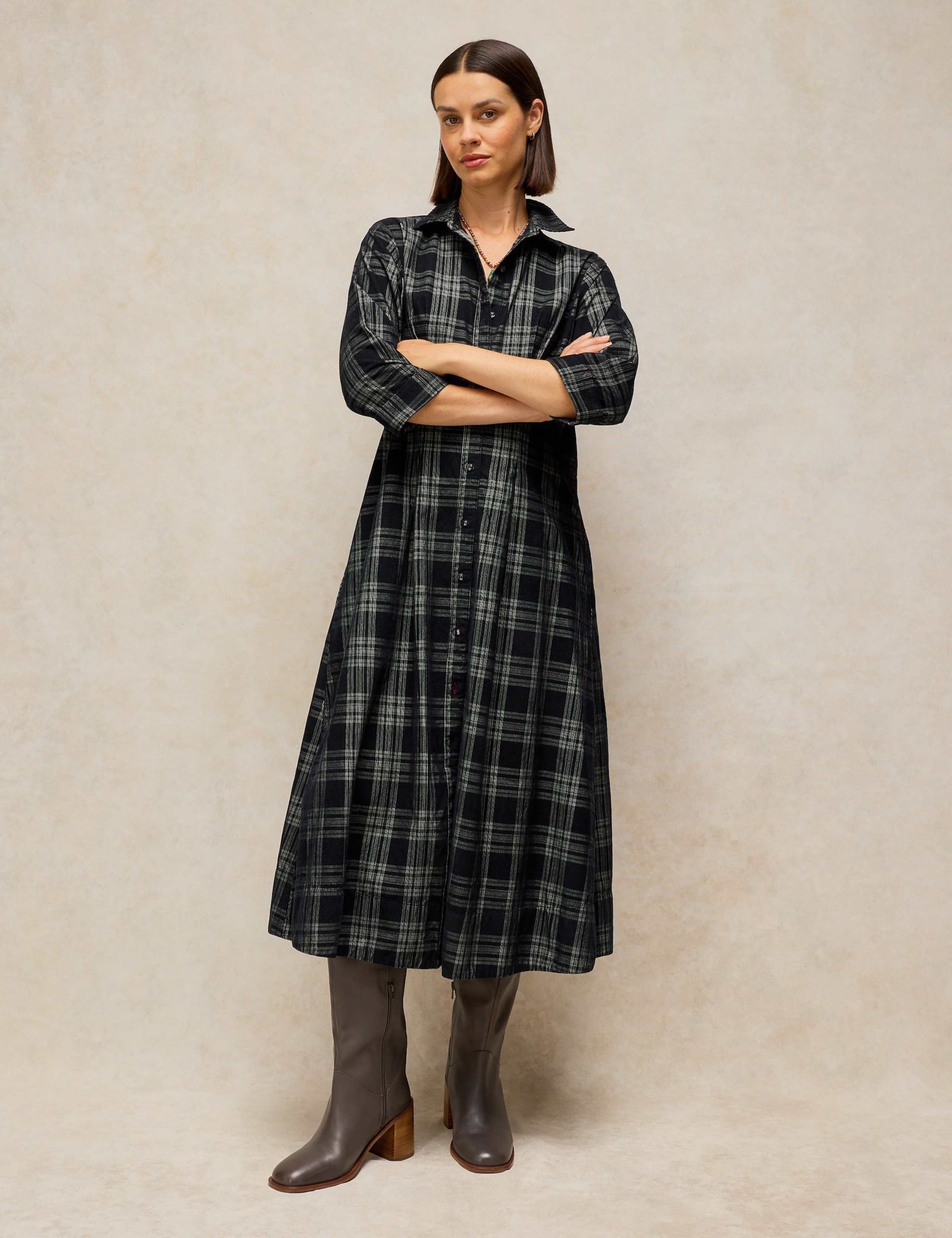 Ellie Cord Notch Neck Pleated Midi Dress