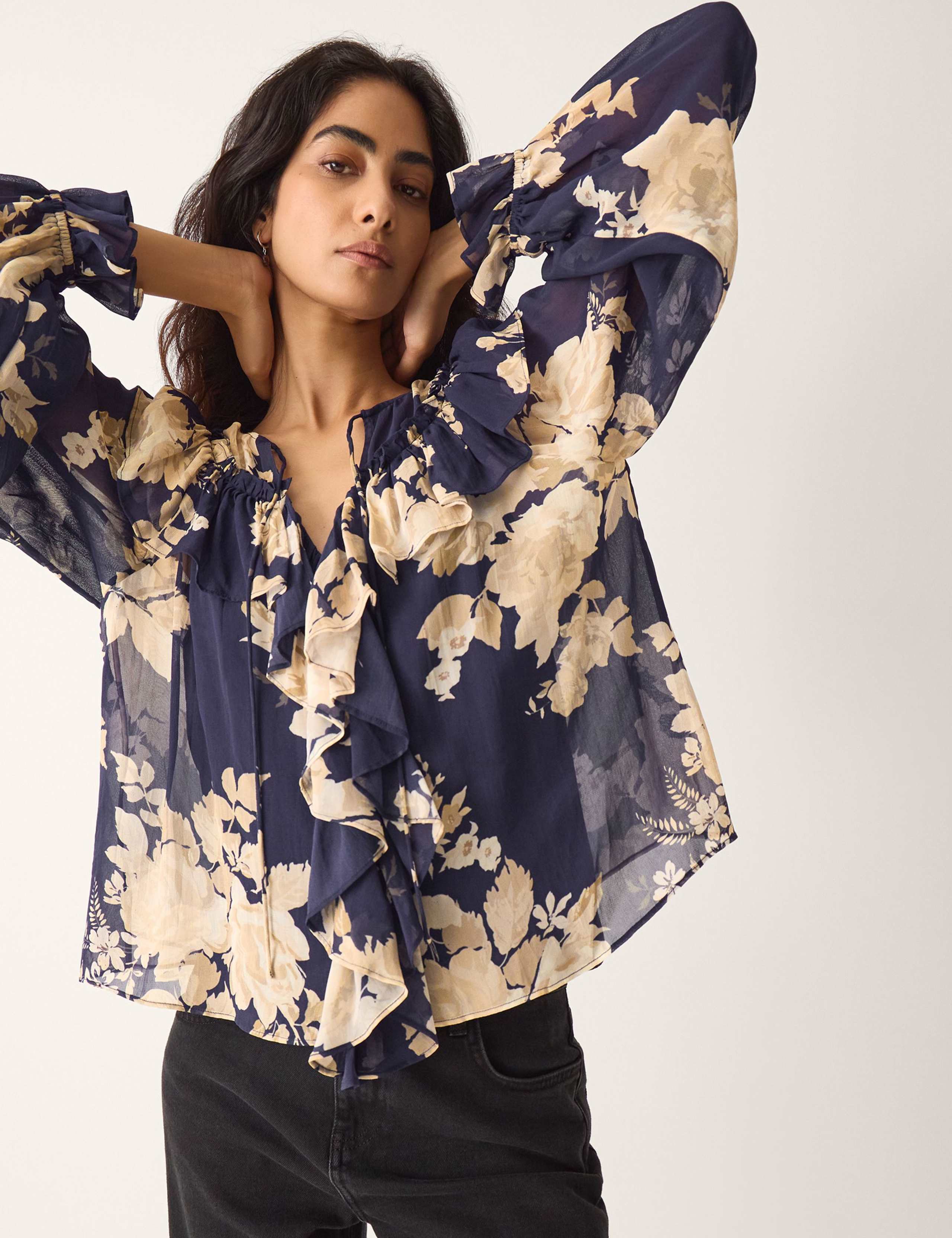 Floral Tie Neck Ruffle Blouse