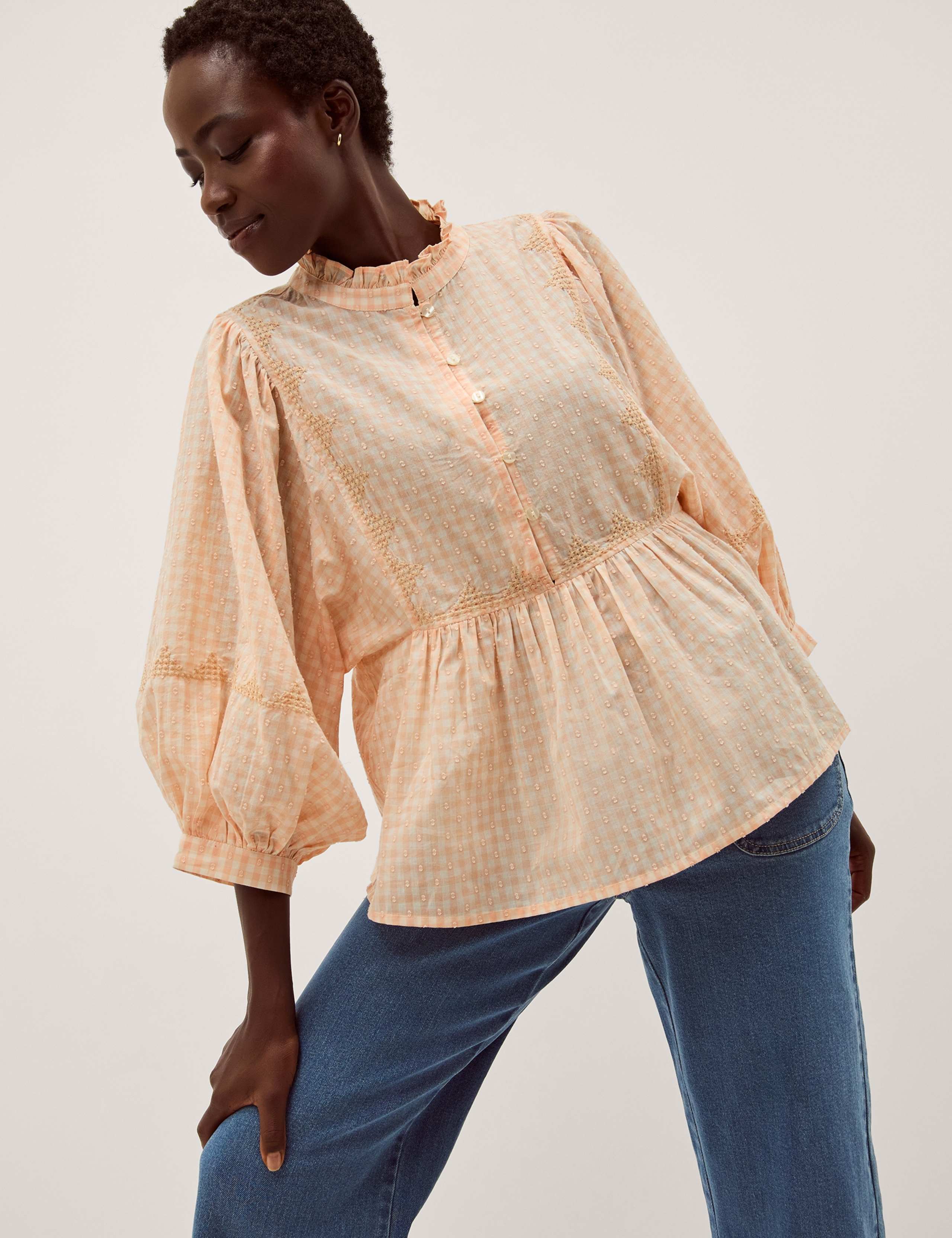 Pure Cotton Gingham Ruffle High Neck Shirt
