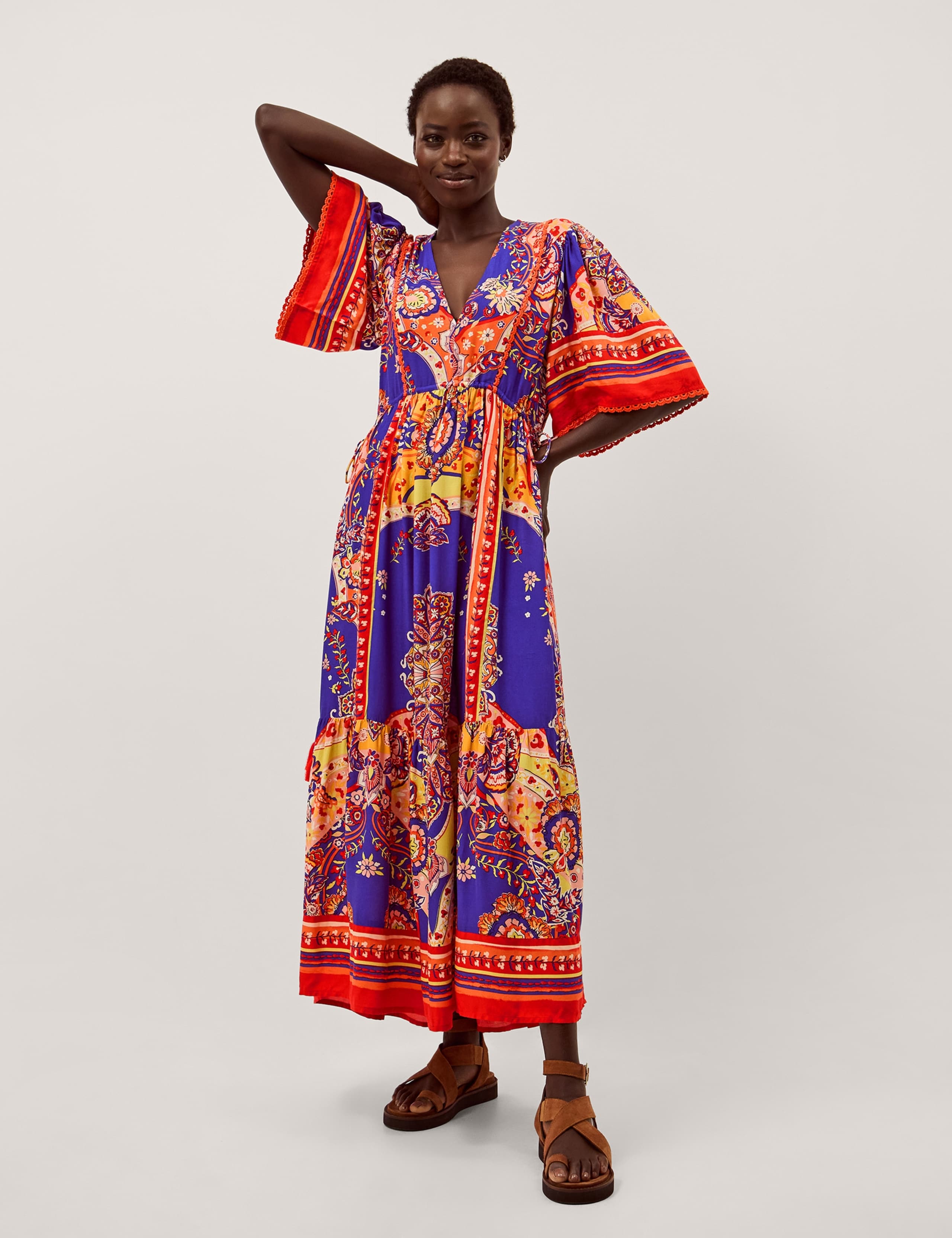 Printed V-Neck Maxi Waisted Dress