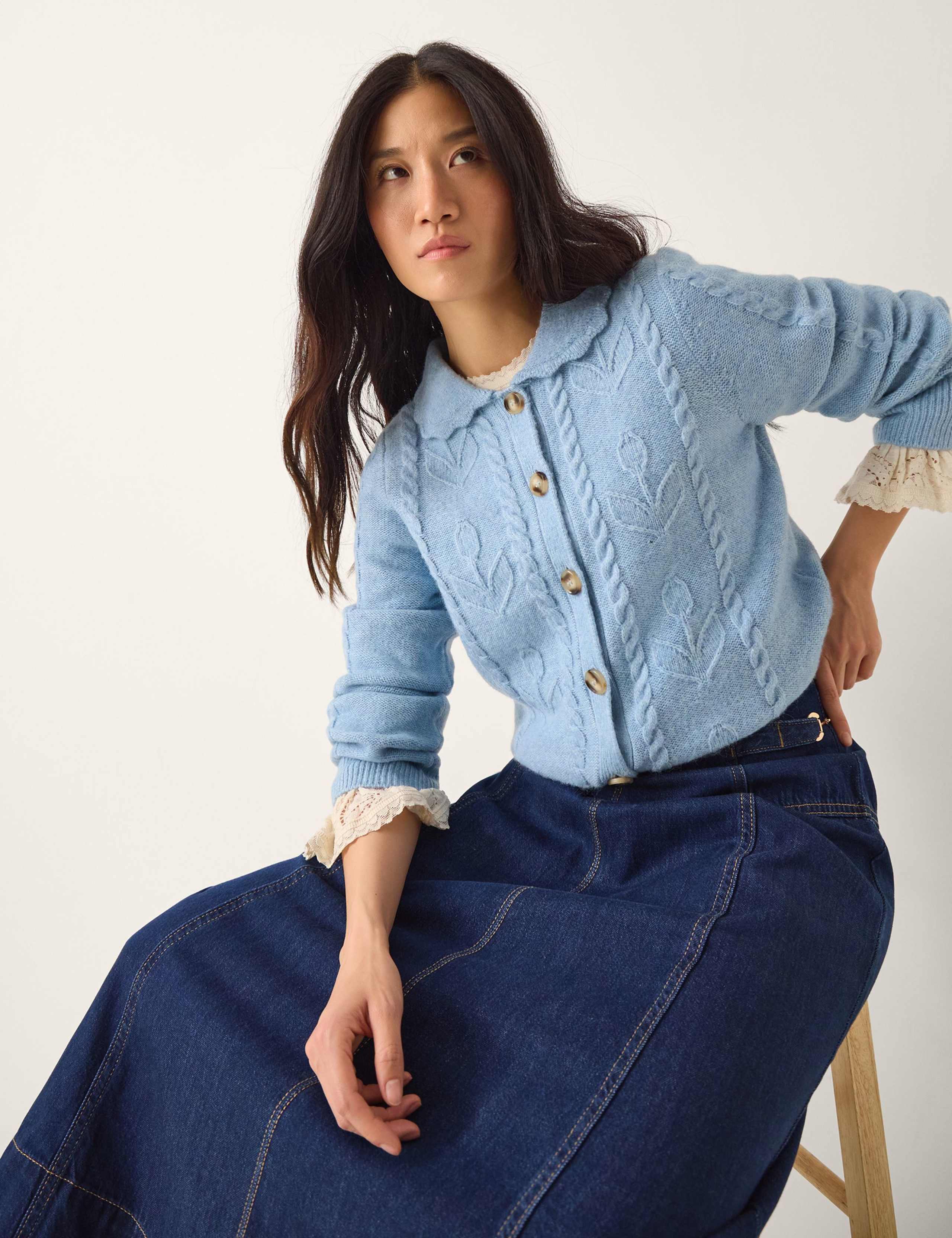 Floral Cable Knit Collared Cardigan