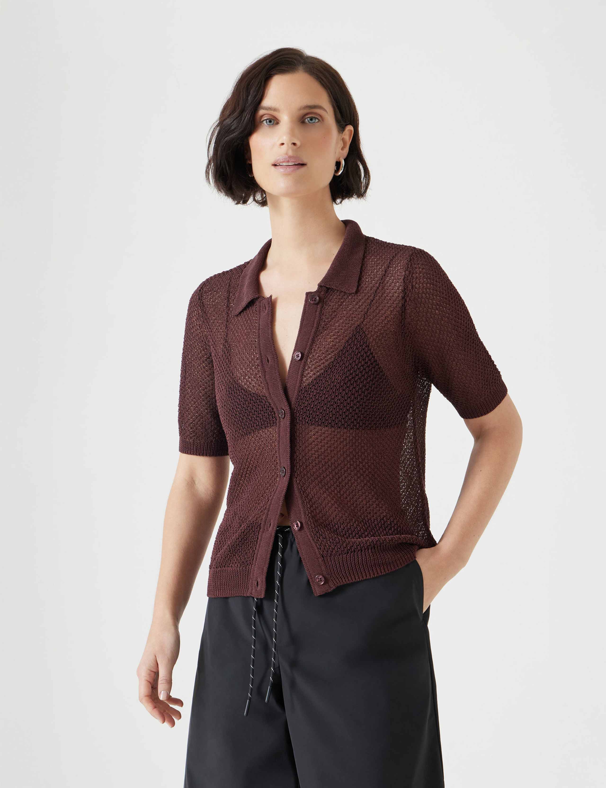 Cotton Rich Textured Collared Knitted Top