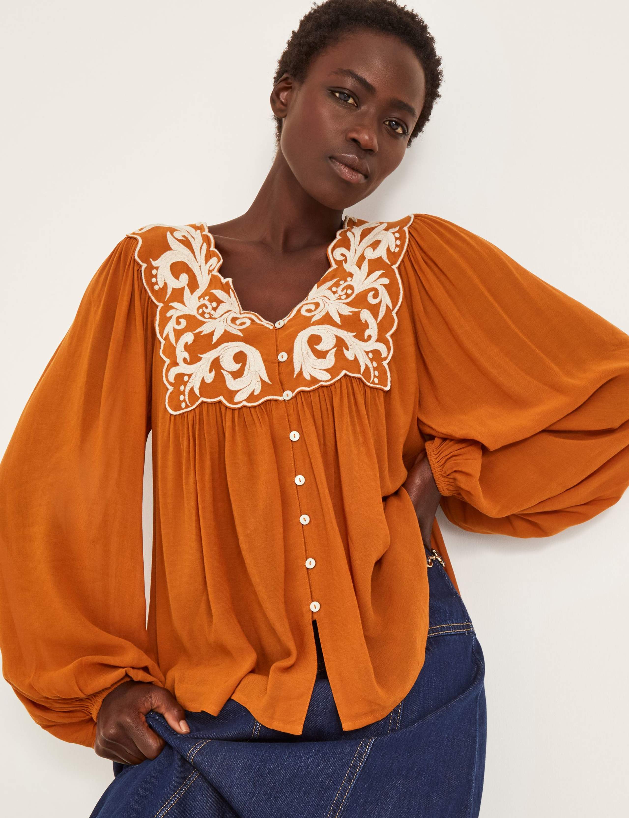 Modal Blend Embroidered Blouson Blouse