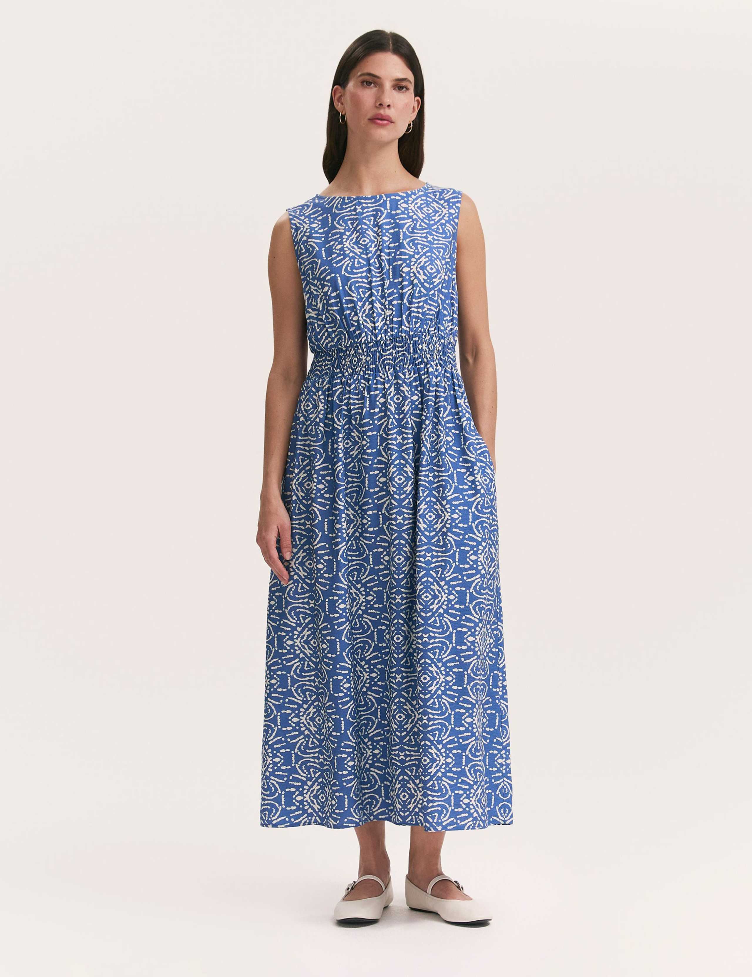 Printed Slash Neck Midi Waisted Dress