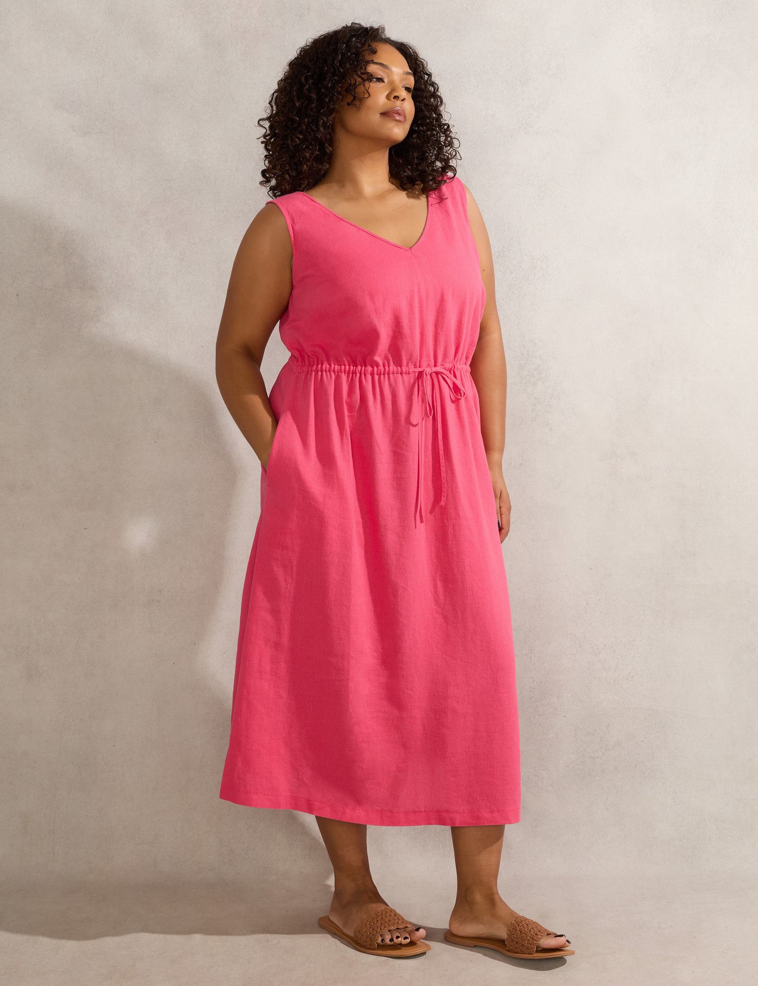 Linen Blend V-Neck Midi Waisted Dress