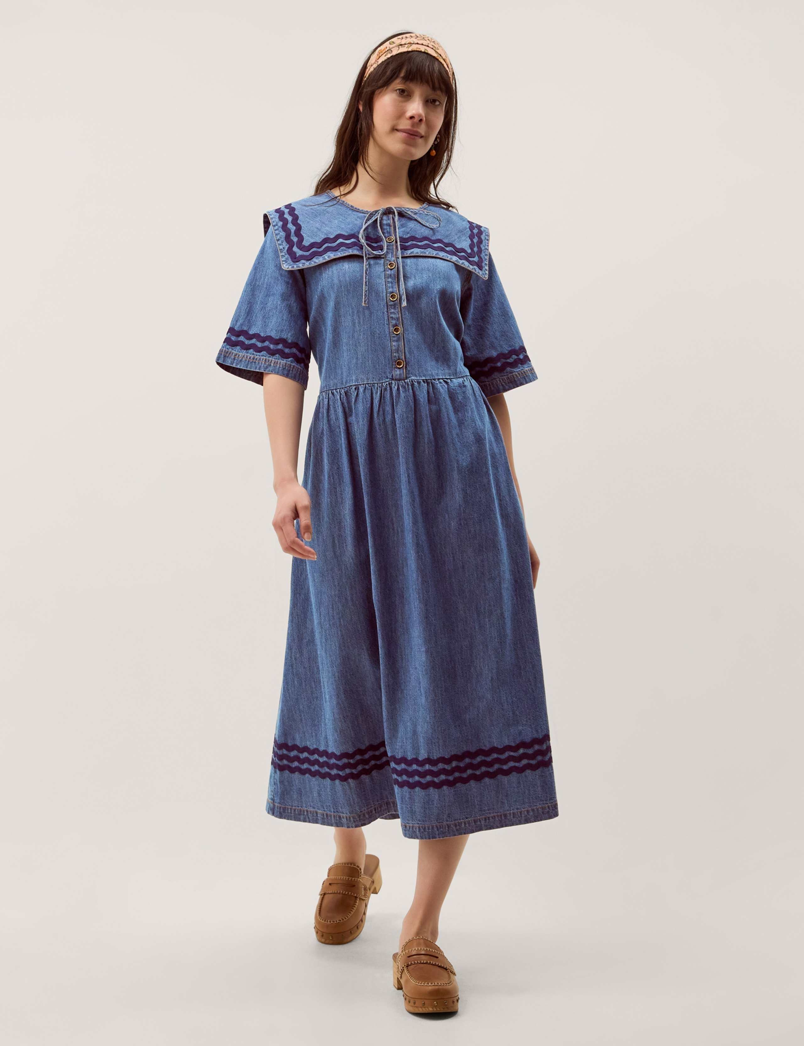 Denim Tie Neck Midi Smock Dress