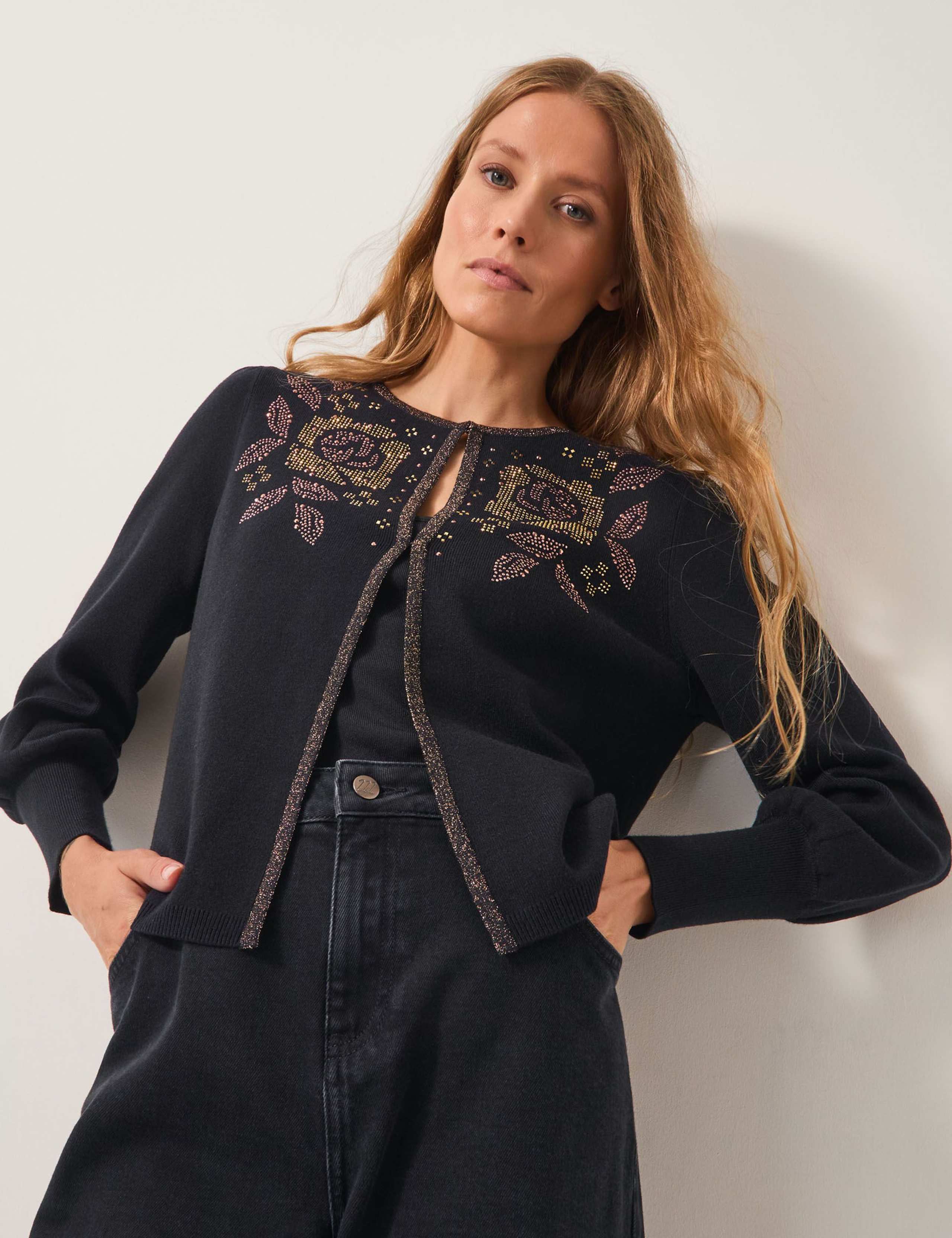 Embellished Floral Balloon Sleeve Cardigan