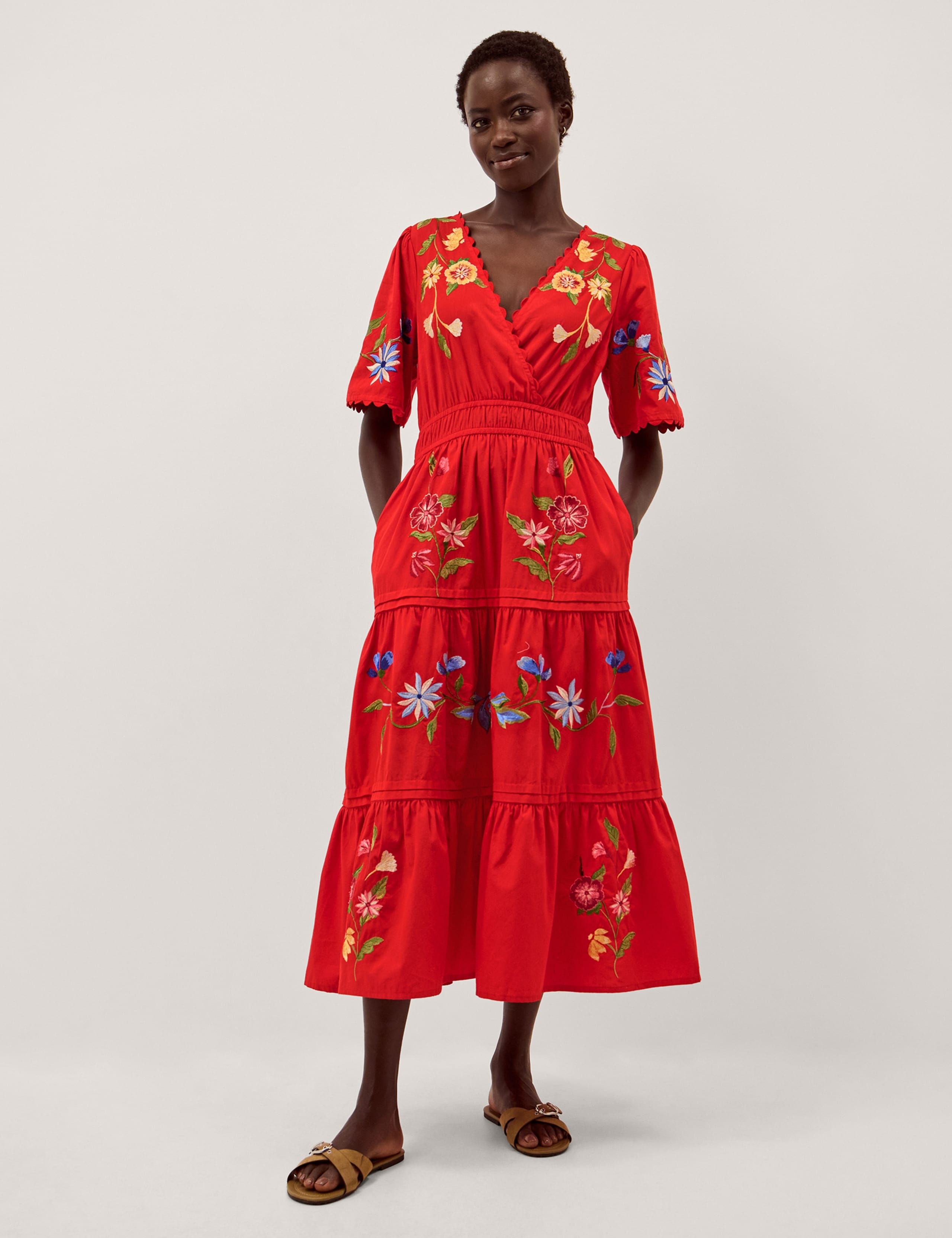 Pure Cotton Embroidered V-Neck Midi Dress