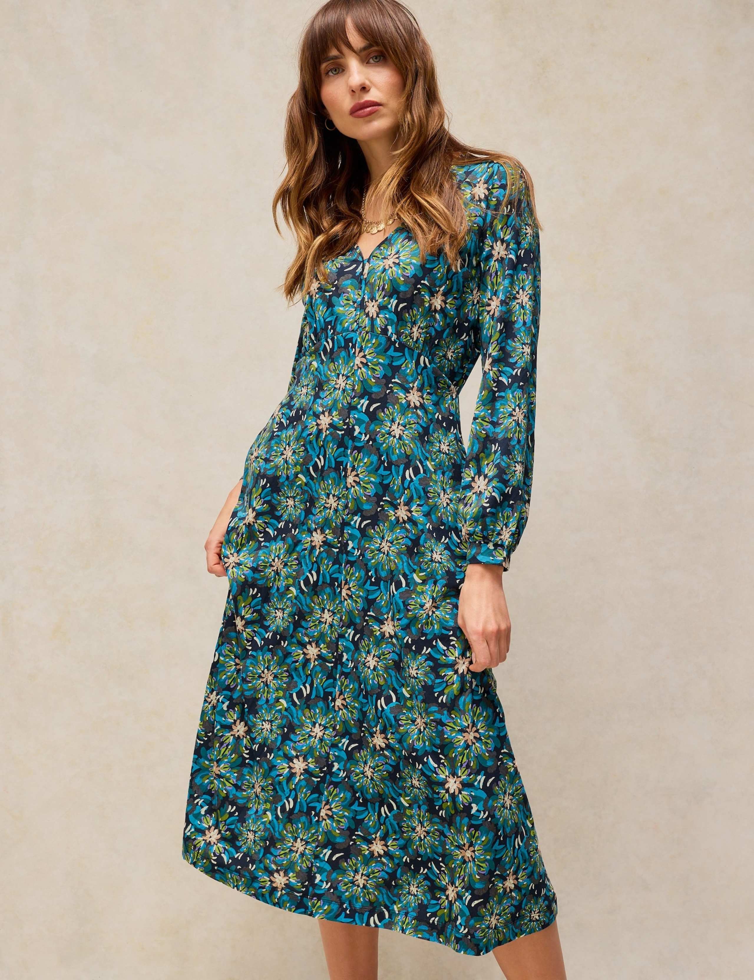 Cotton Blend Jersey V Neck Fit And Flare Dress
