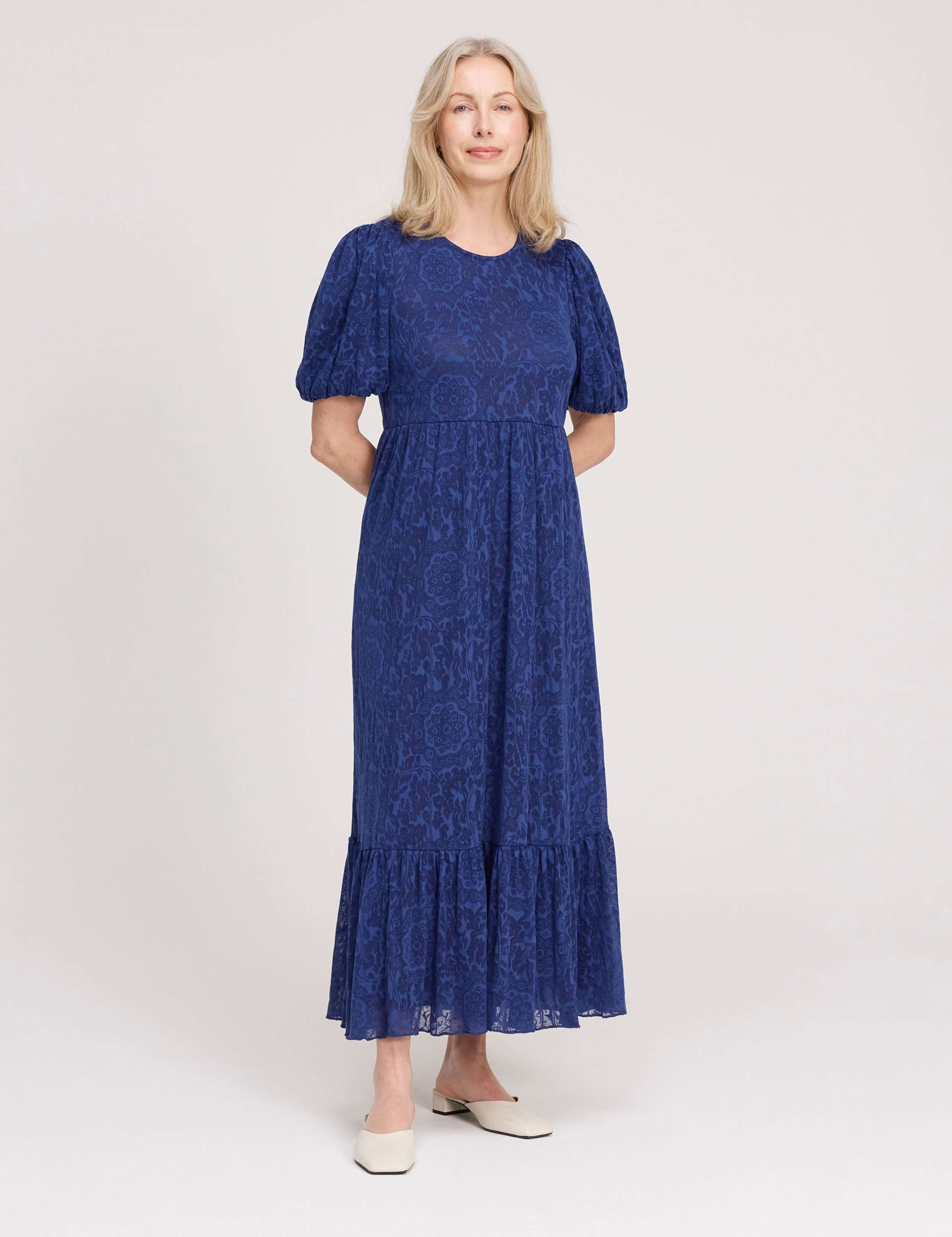 Mesh Floral Embroidered Midi Tiered Dress