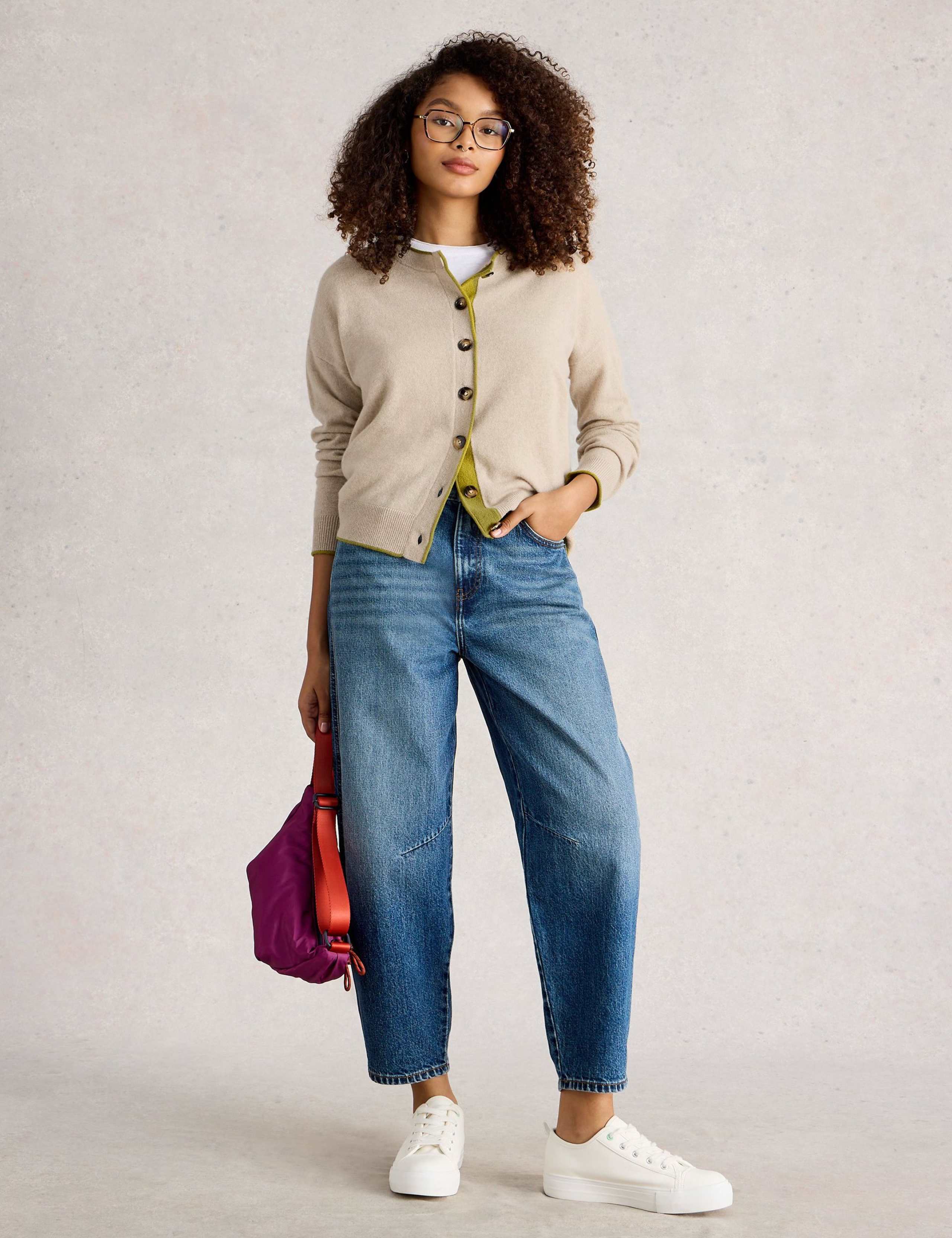 Pure Cashmere Crew Neck Two Tone Cardigan
