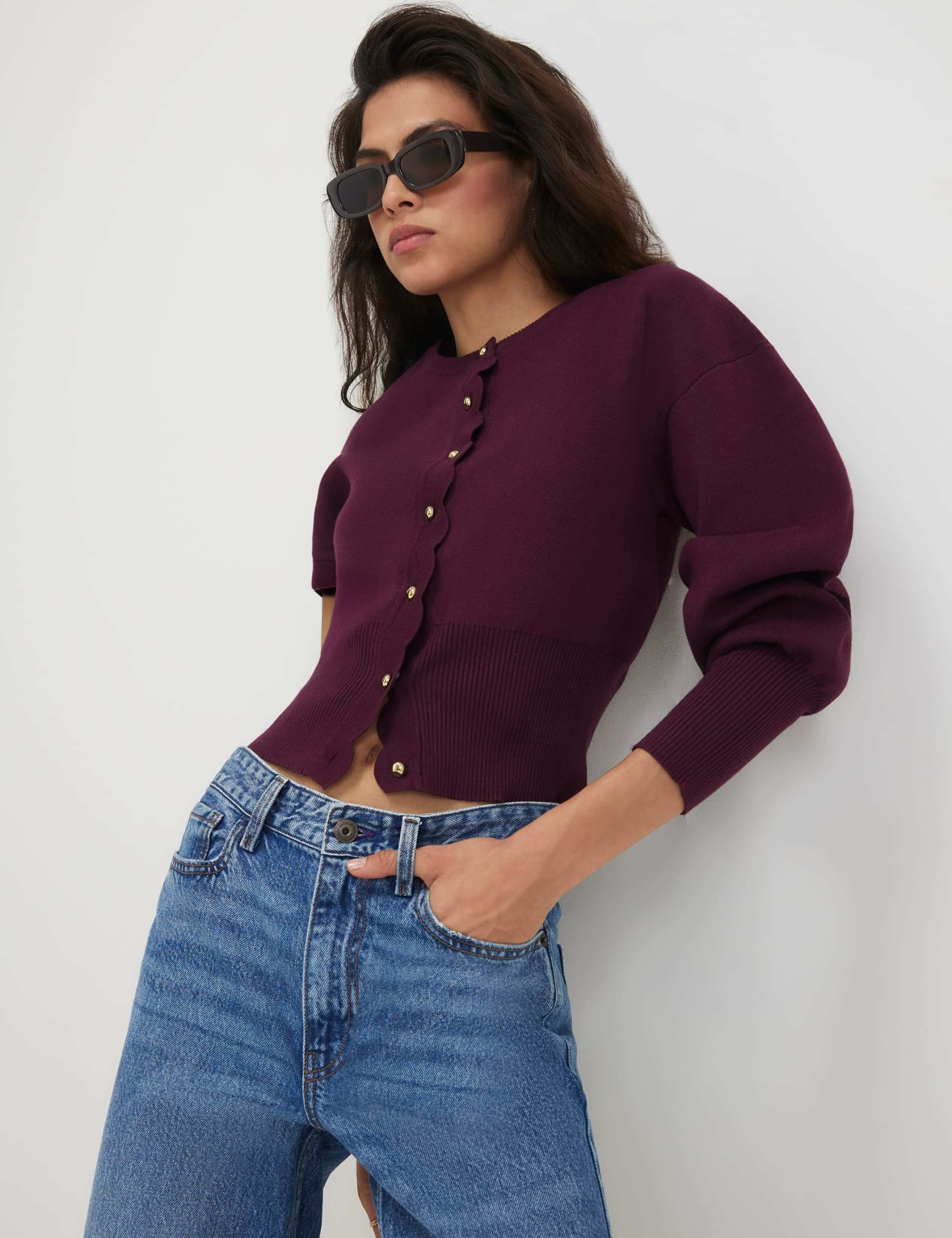 Scallop Blouson Sleeve Cardigan
