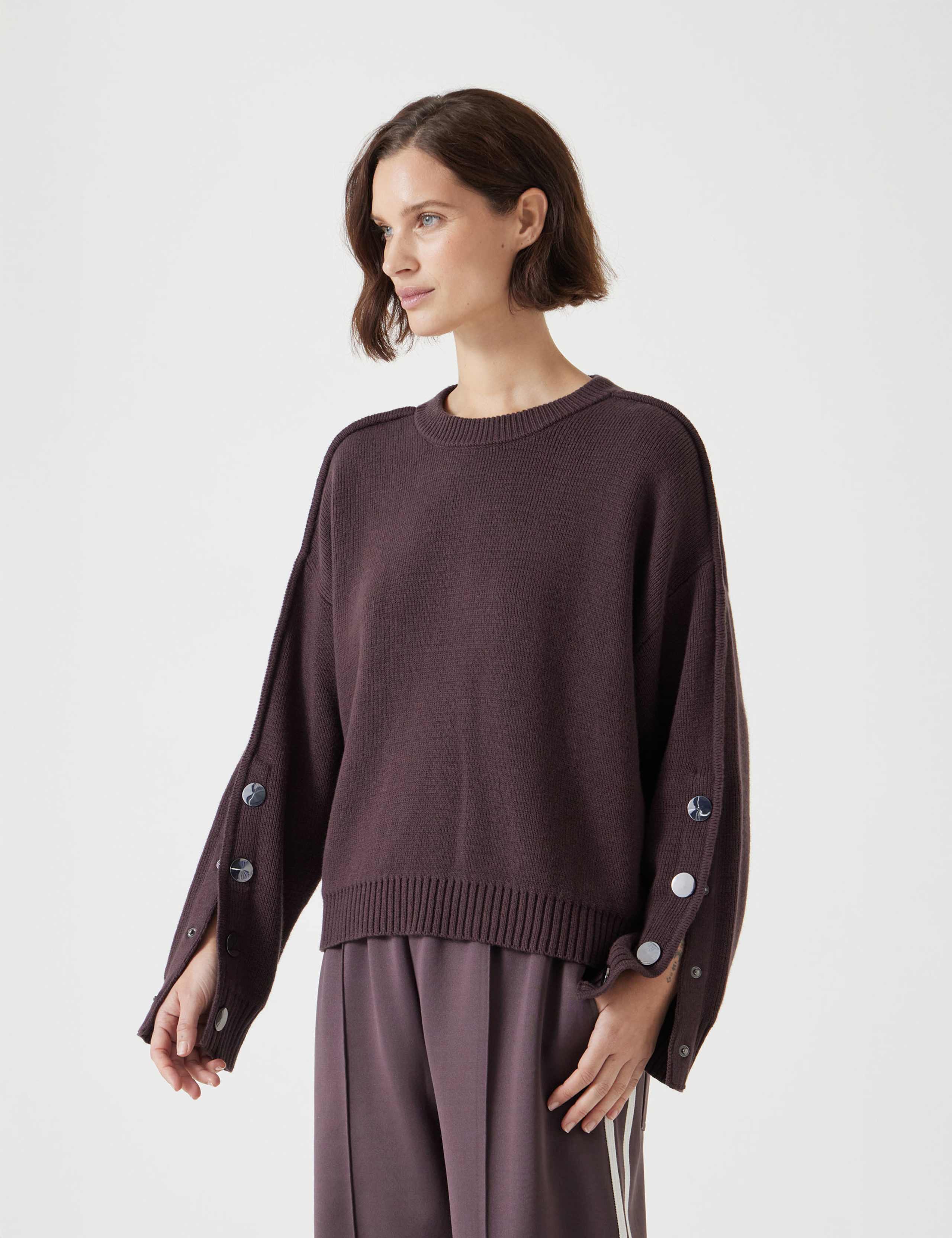 Cotton Rich Crew Neck Popper Sleeve Jumper