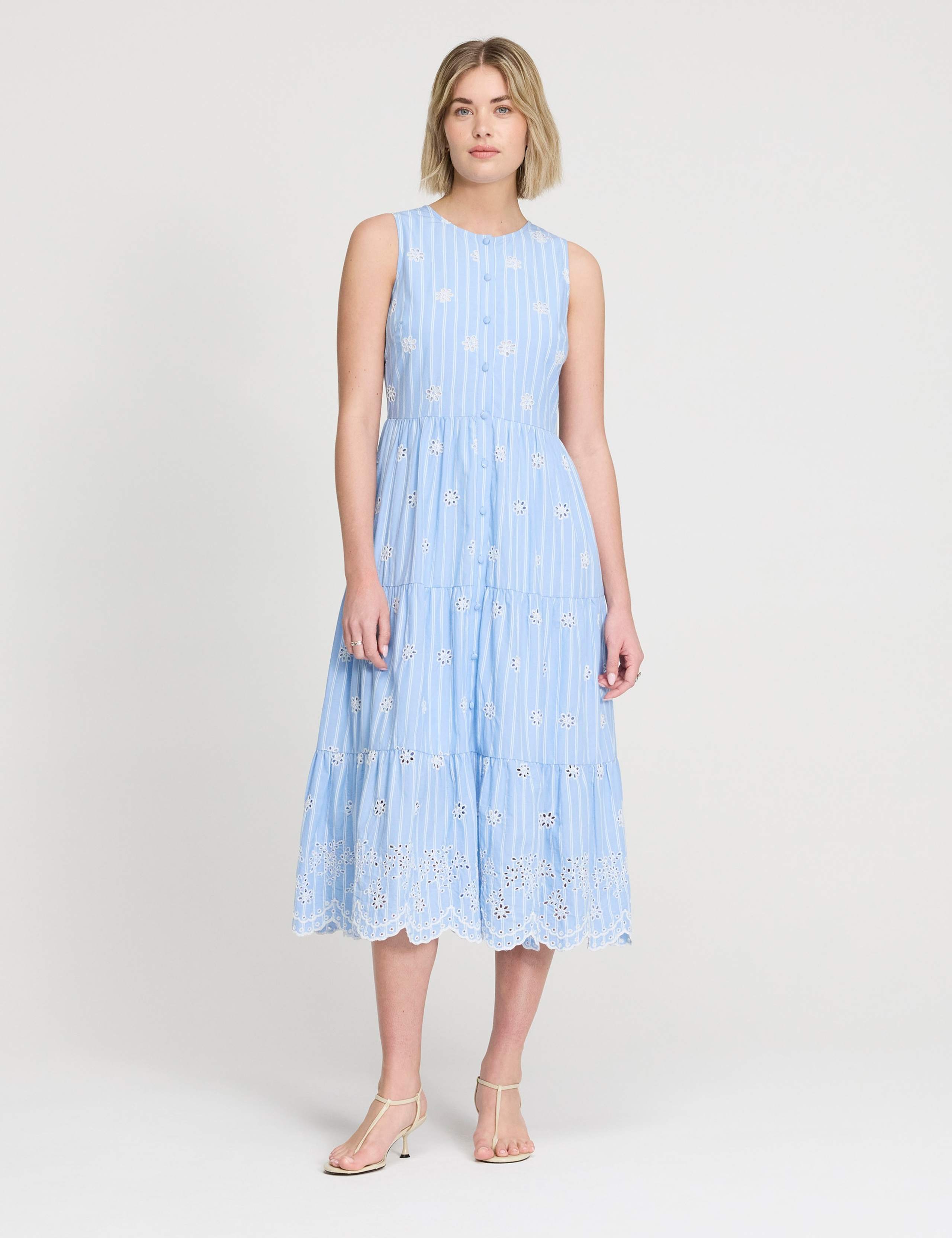 Pure Cotton Striped Midi Tiered Dress